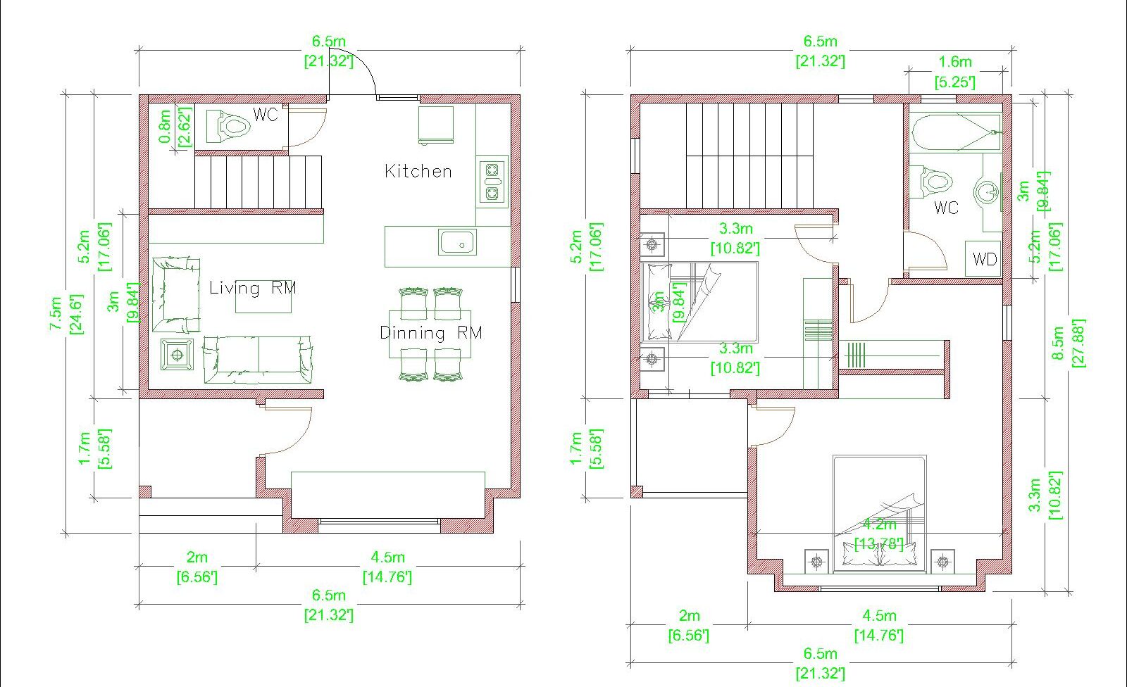 Modern House Plans 6.5x7.5m 21x25f 2 Beds floor plan