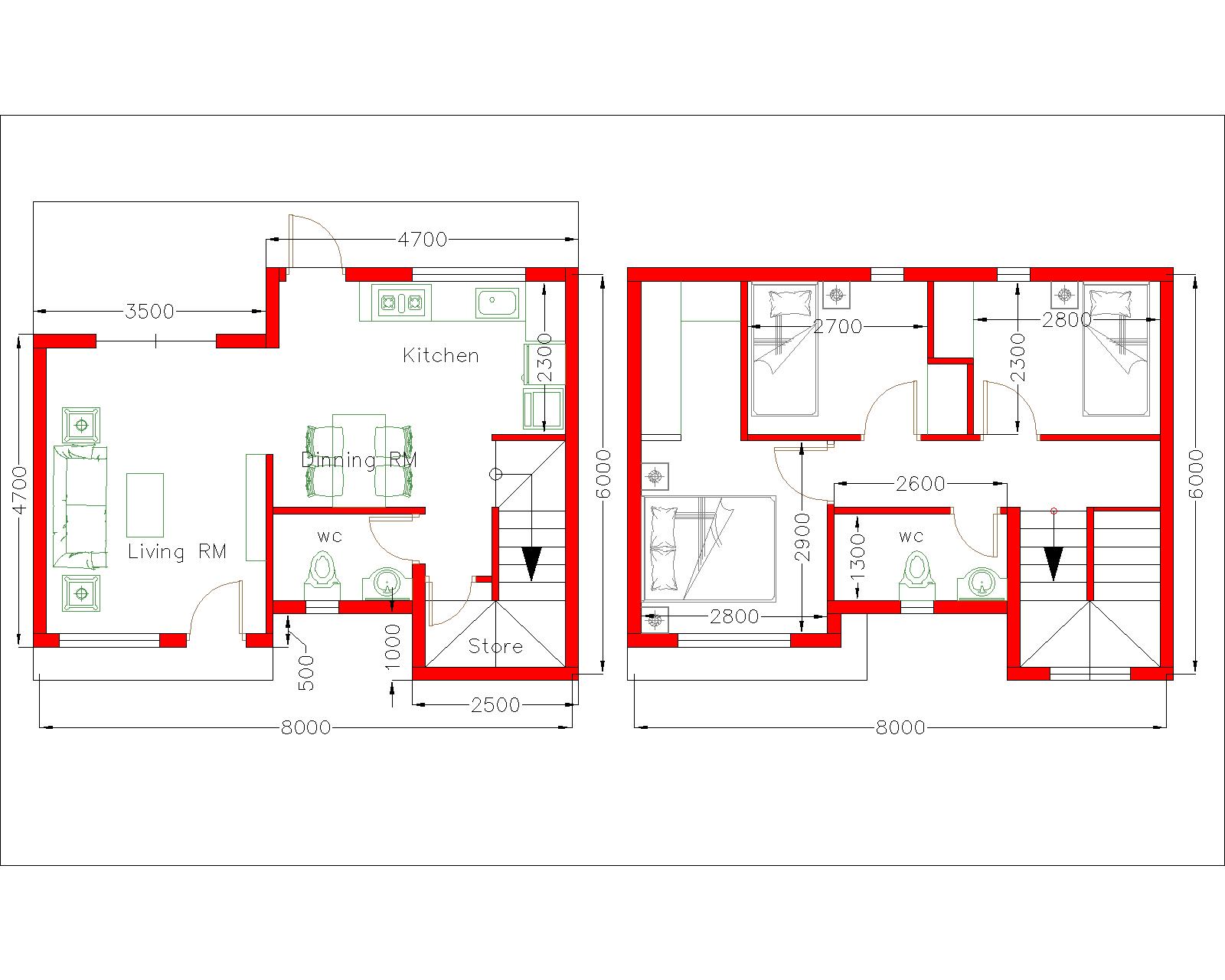 Simple House Design 8x6m with 3 Bedrooms Floor plan