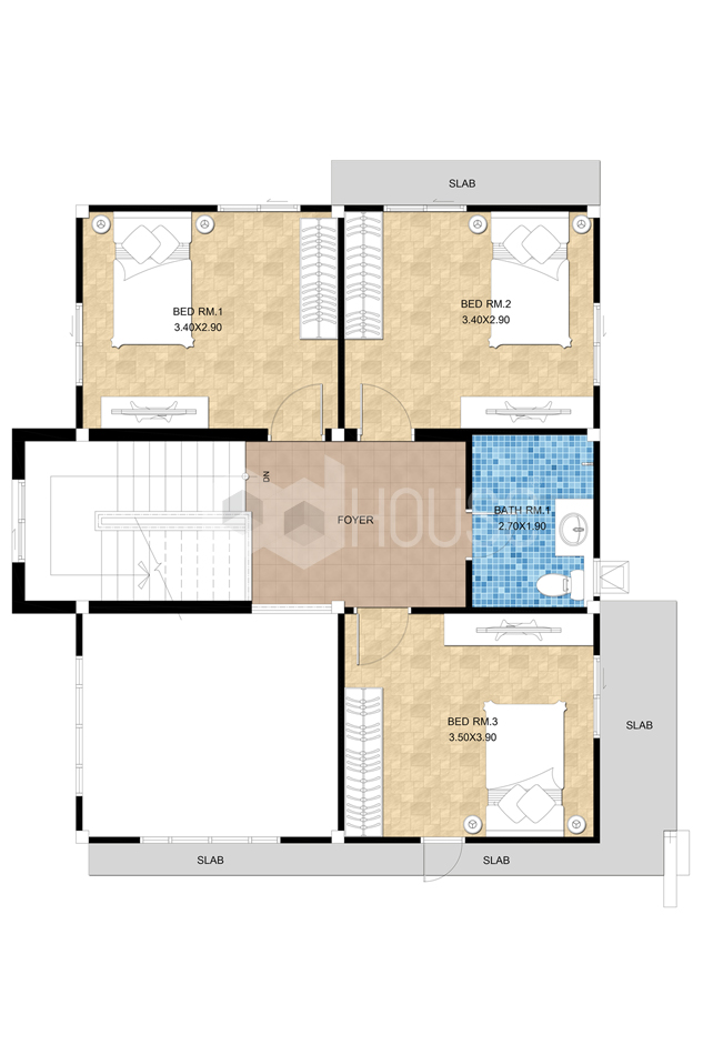 Simple House Design 13x14 meter 43x46 feet 4 Bedrooms first floor
