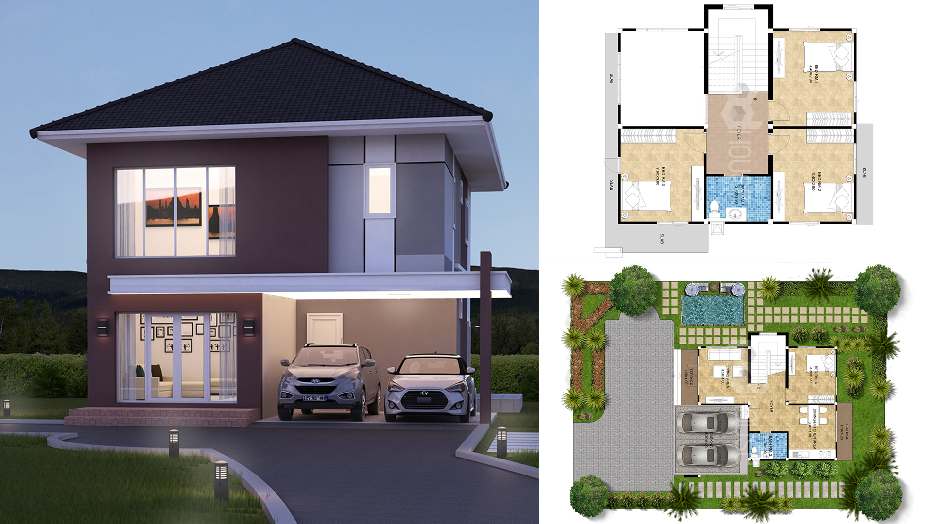 Simple House Design 13x14 meter 43x46 feet 4 Bedrooms