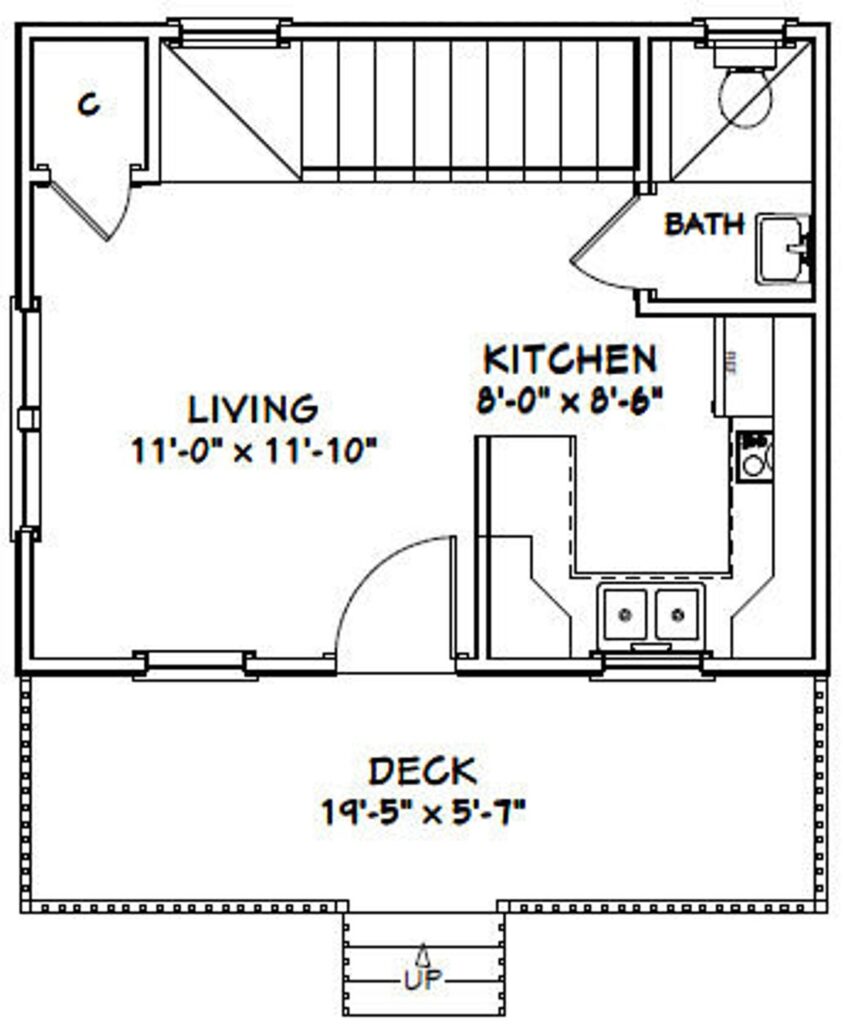 20x16 House Plan 1 Bedroom 1.5 Bath 537 sq ft PDF Floor Plan 3d