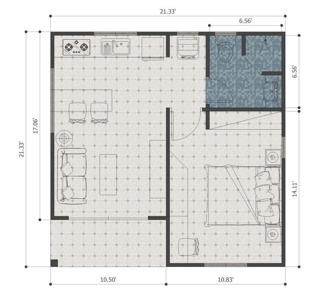 3 Simple House Plans 21x21 Feet 6.5x6.5m floor plan