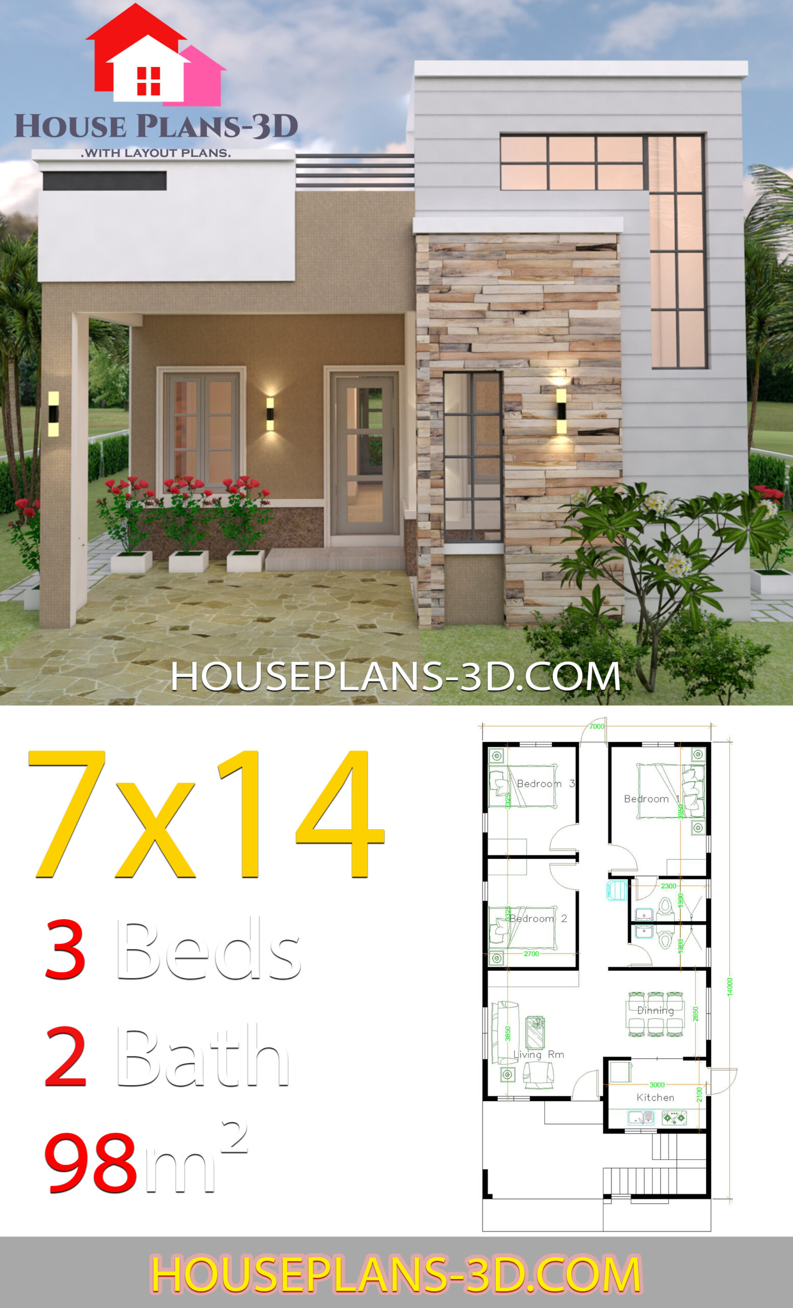 Best 3 Bedrooms House with floor plan 7m