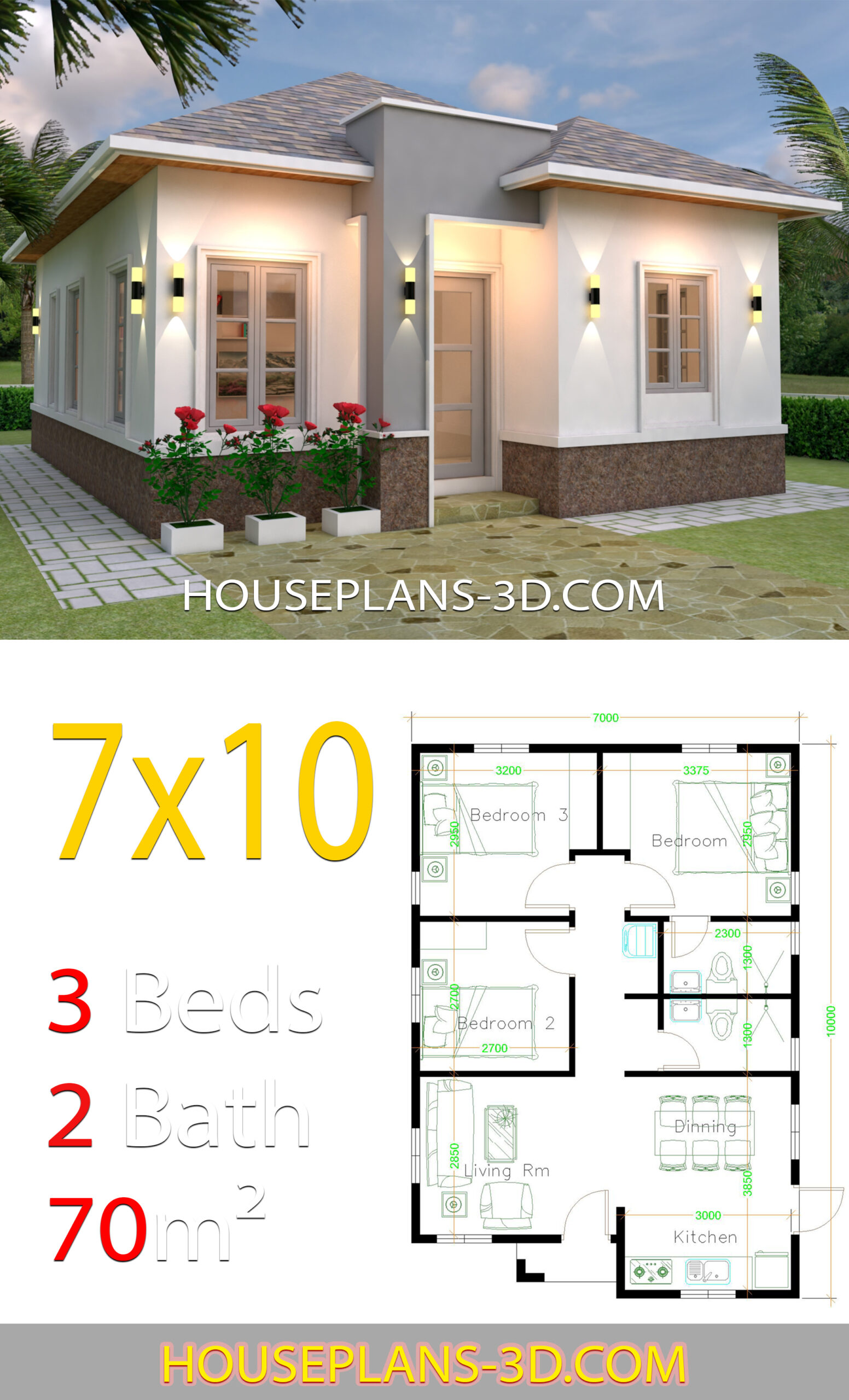 Hip roof Best 3 Bedrooms House with floor plan 7m