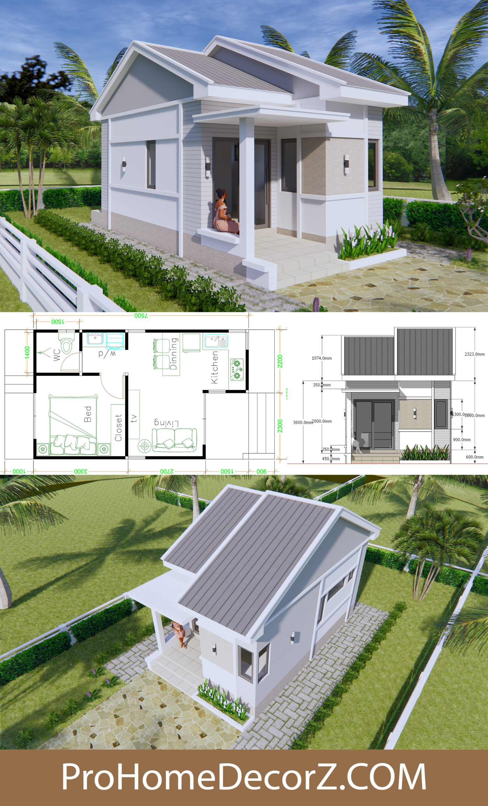 gable roof Tiny House Plan 4.5x7.5m One Bed