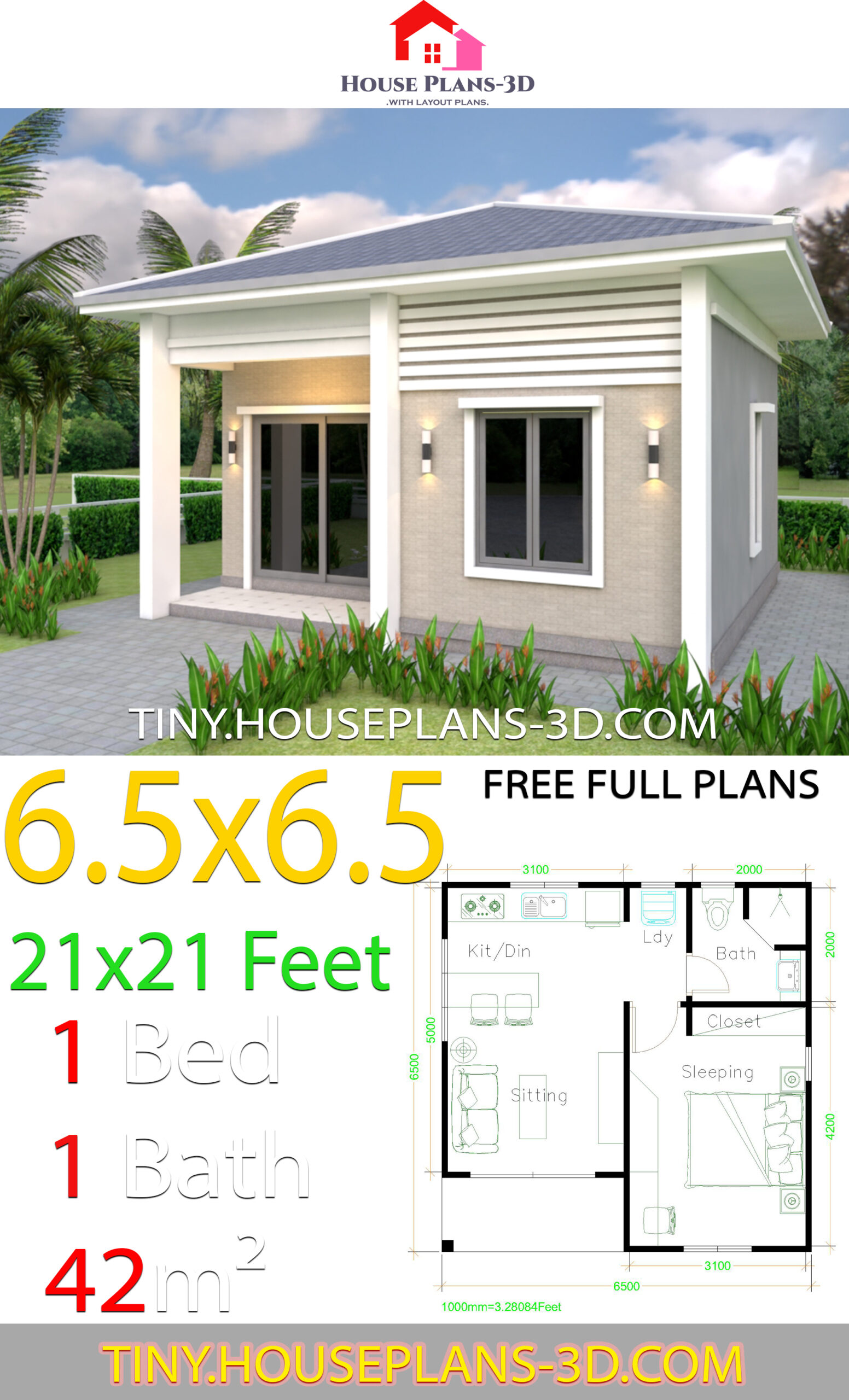 Hip roof Simple House Plans 21x21 Feet 6.5x6.5m