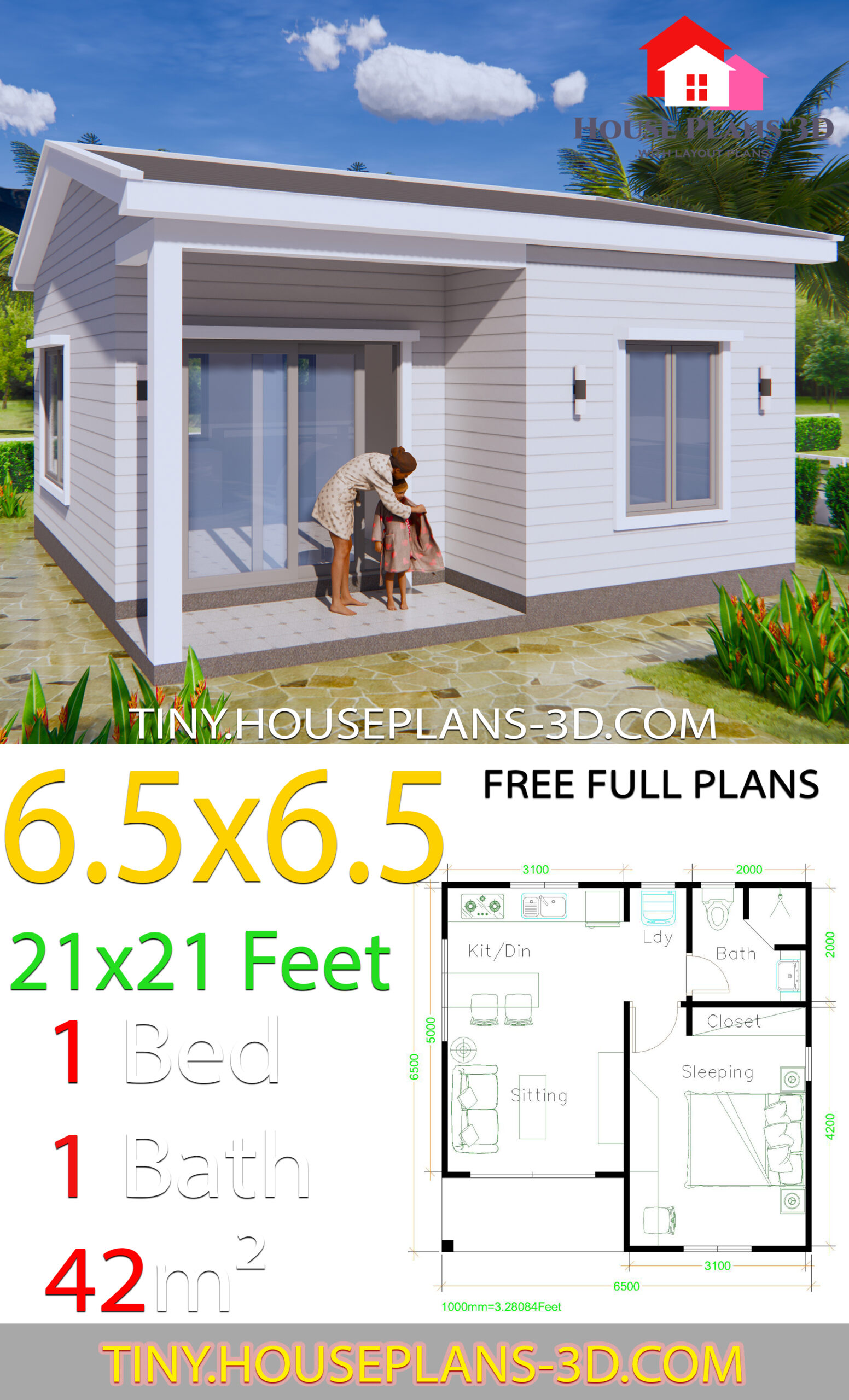 Gable roof Simple House Plans 21x21 Feet 6.5x6.5m