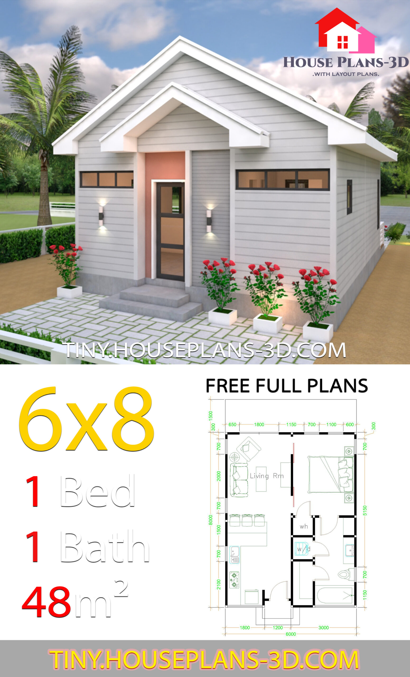 Gable roof Beautiful Studio House 6x8 with Floor Plans