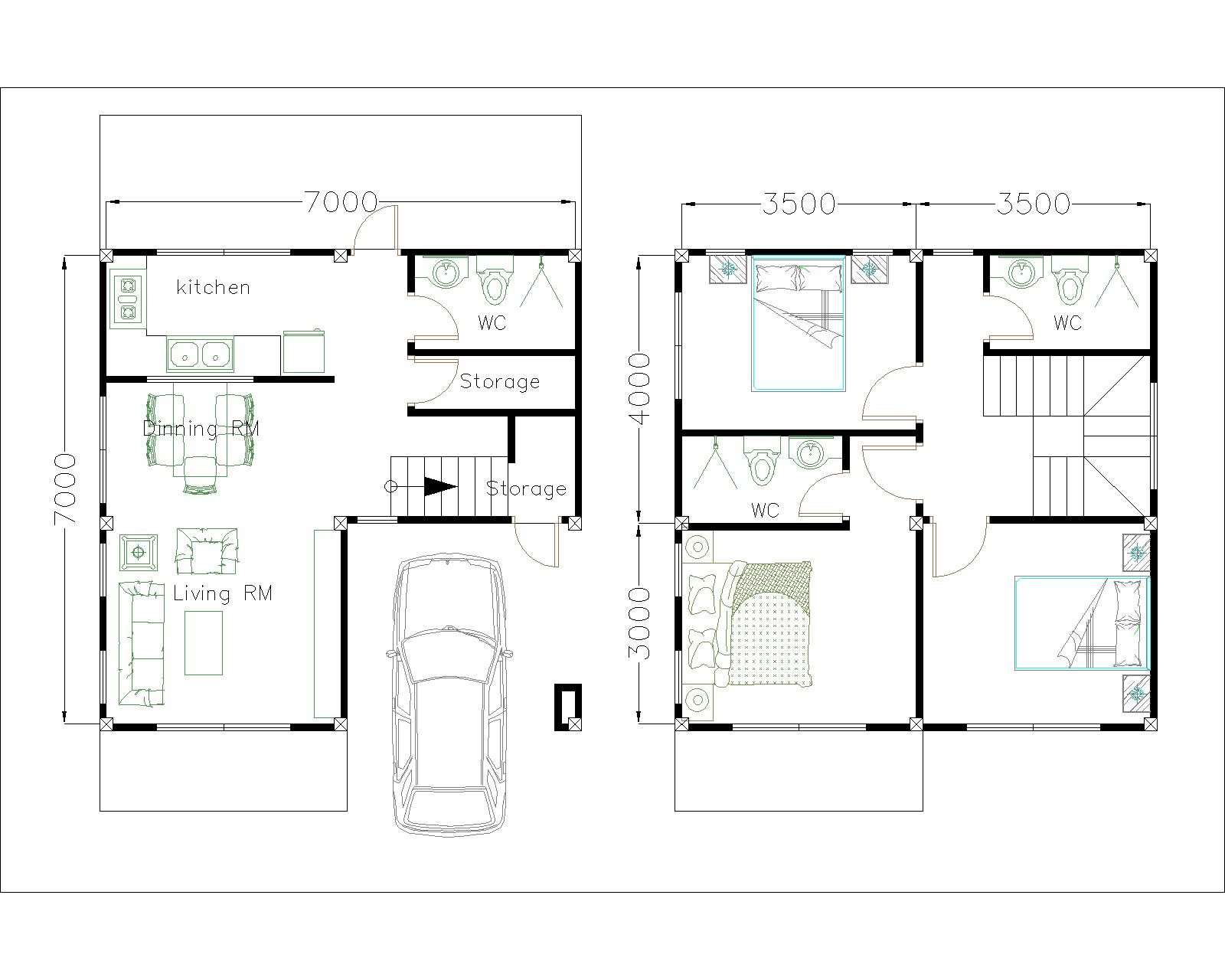 Small House Design 7x7m with 3 Beds layout floor plan