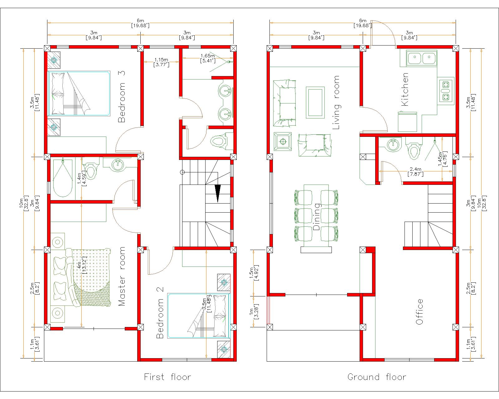 3d House Design 6x10 Meters 20x33 Feet 2 Beds House layout floor plan