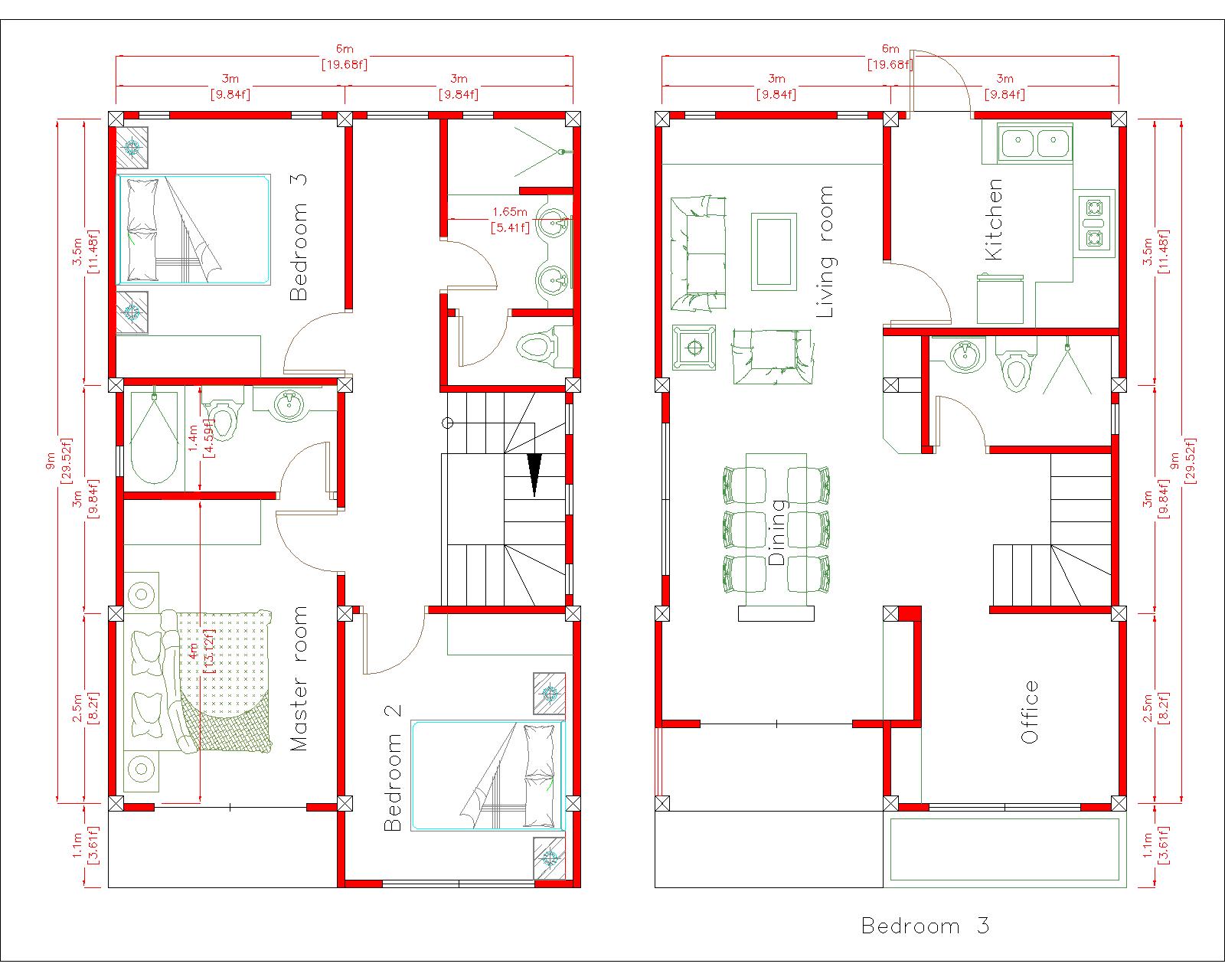 Cool House Plans 6x9 Meter 20x30 Feet 3 Beds Layout Floor Plan