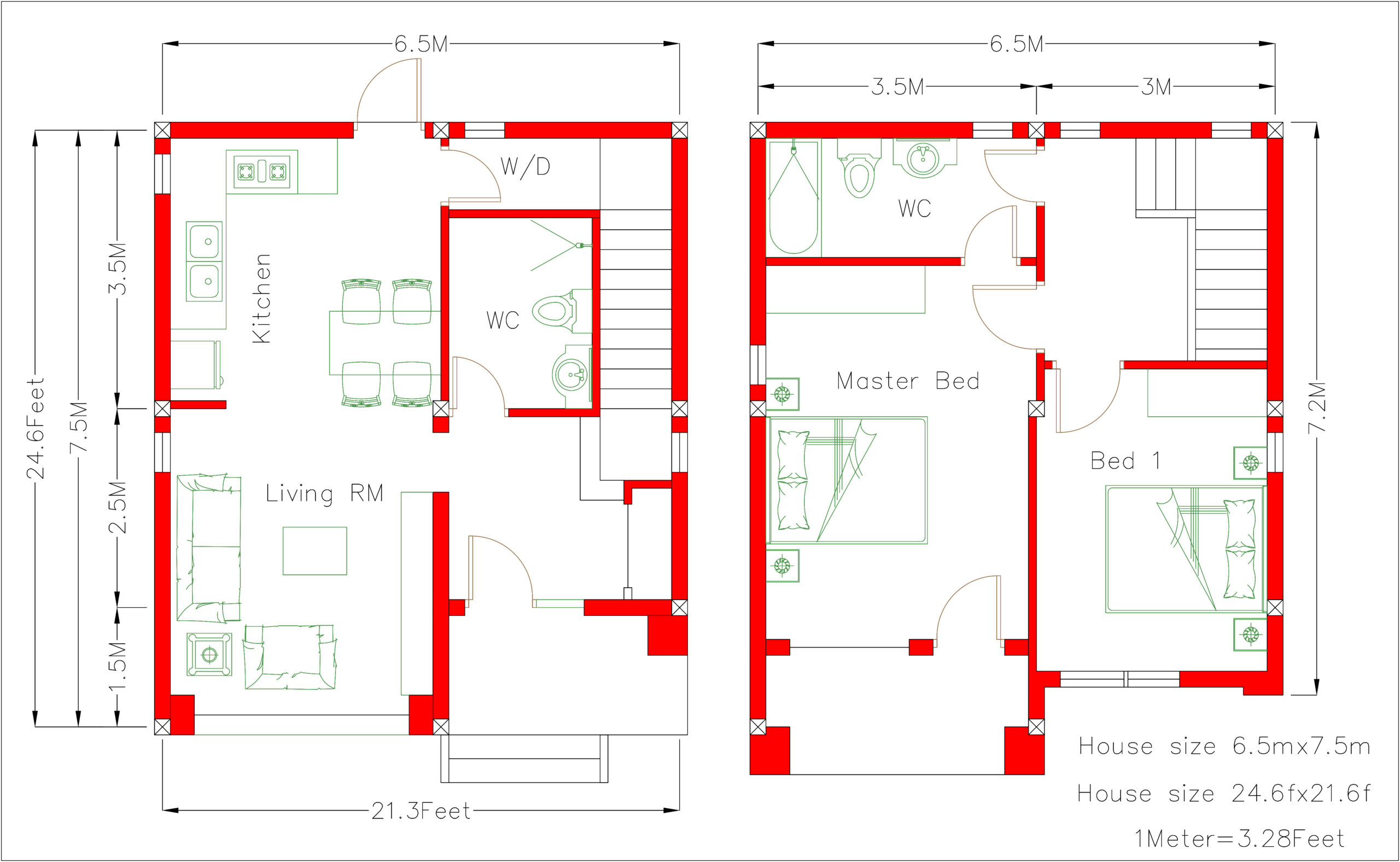 House Designs Plans 6.5x7.5m 22x25f 2 beds floor plan