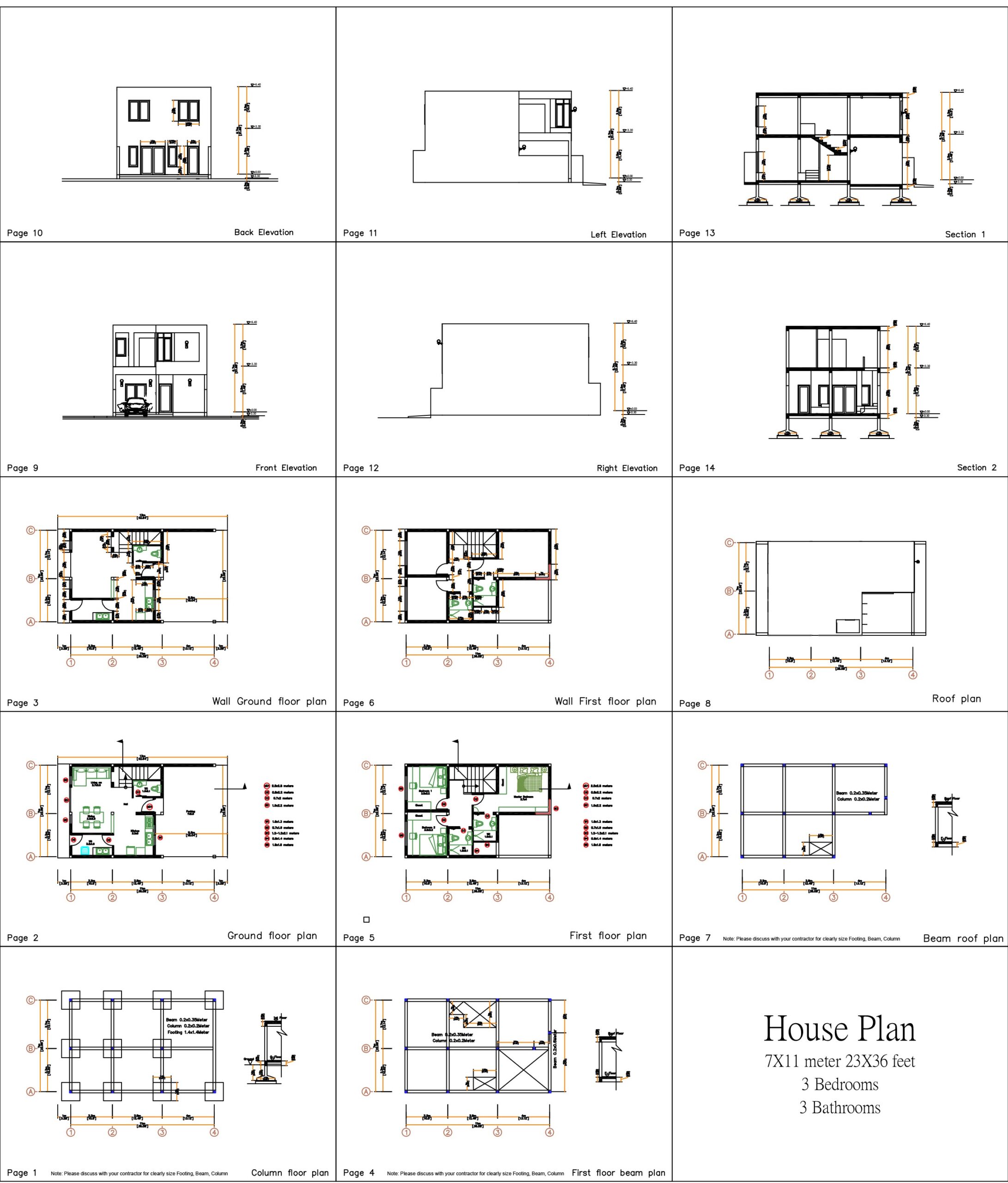 House Desing Plan 7x11 Meter 23x36 Feet 3 Bedrooms PDF Full Plan all