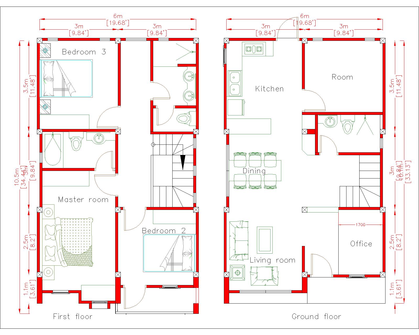 House Plan Drawing 6x10 Meters 20x33 Feet 2 Beds Layout floor plan
