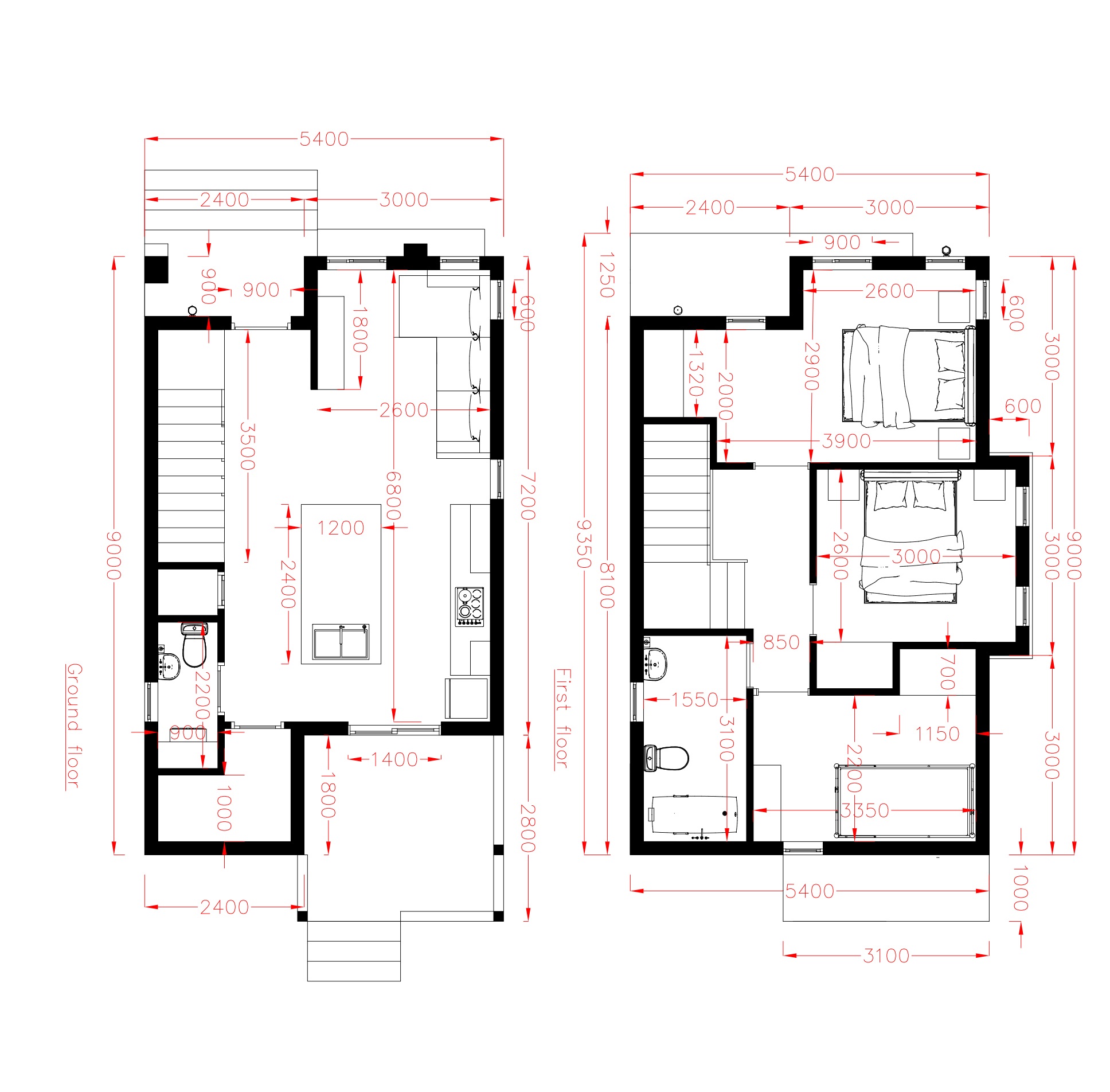 House Plans 5.4x9m with 3 Bedrooms layout floor plan