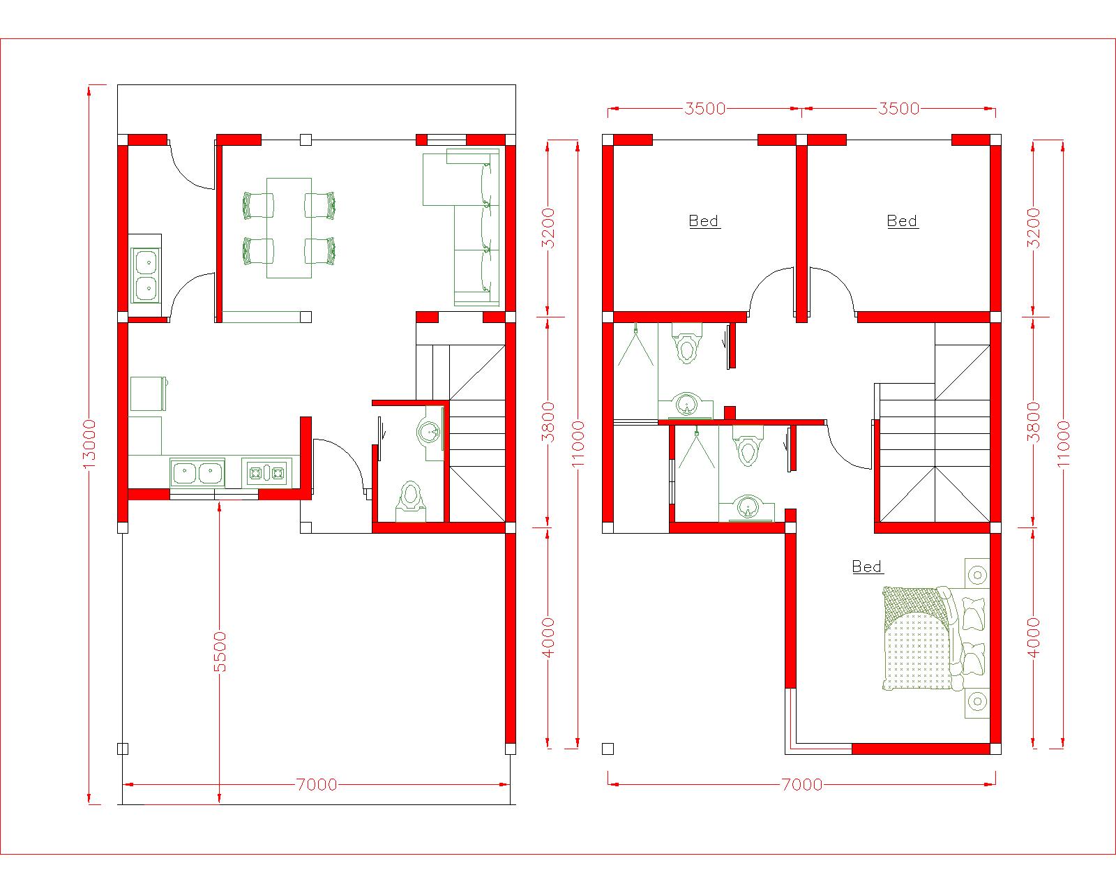 Modern House Design 7x13m with 3 Bedrooms Layout plan