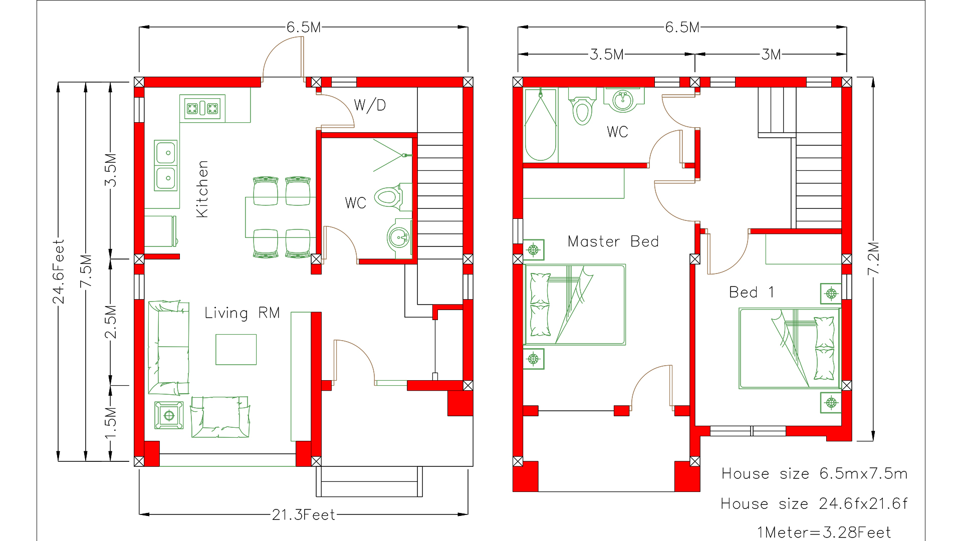Simple House Plans 6.5x7.5 Meter 22x25 Feet 2 Beds layout floor plan