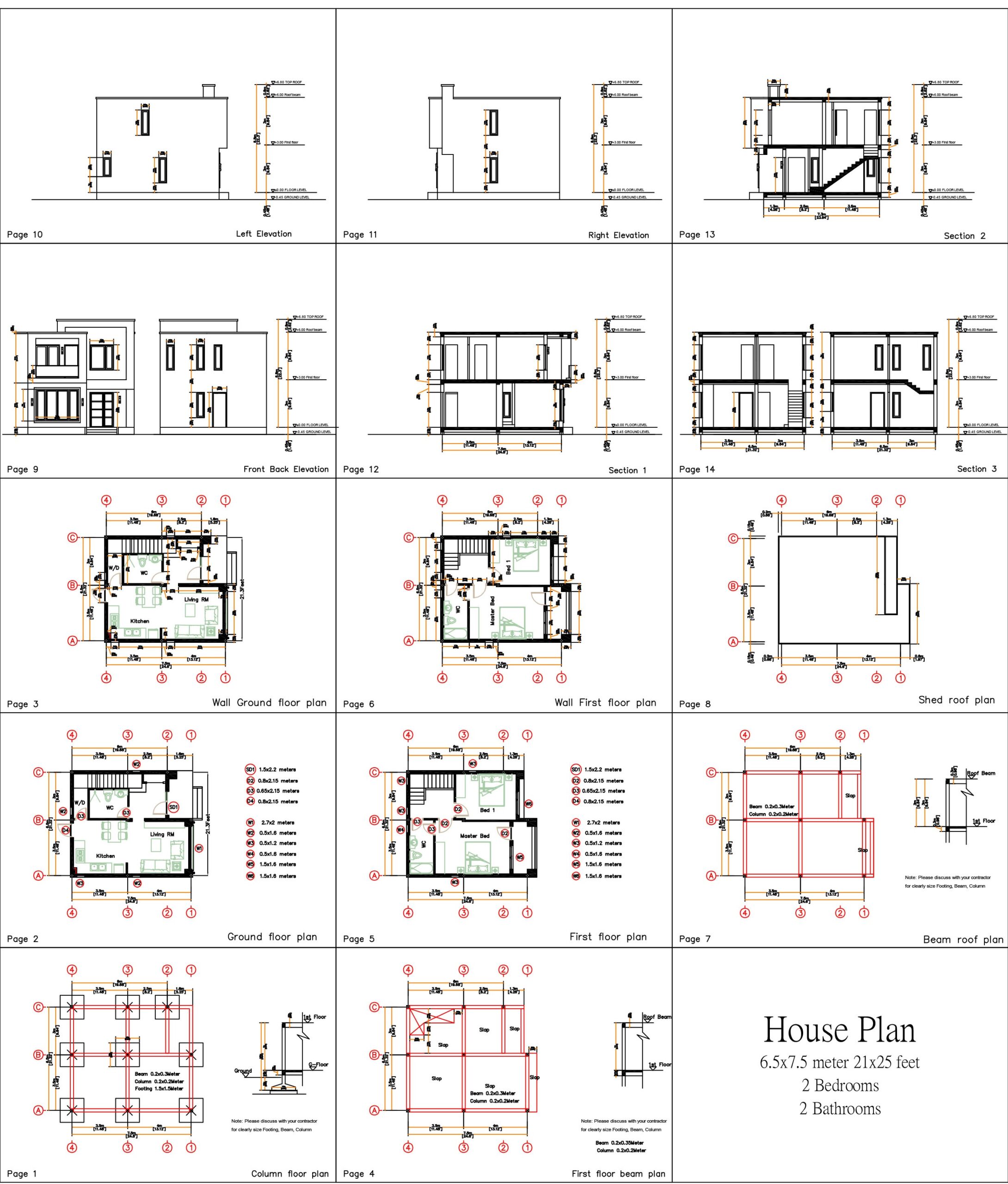 Small House Design 6.5x7.5 Meter 21x25 Feet 2 Bedrooms PDF Full Plan All layout plan