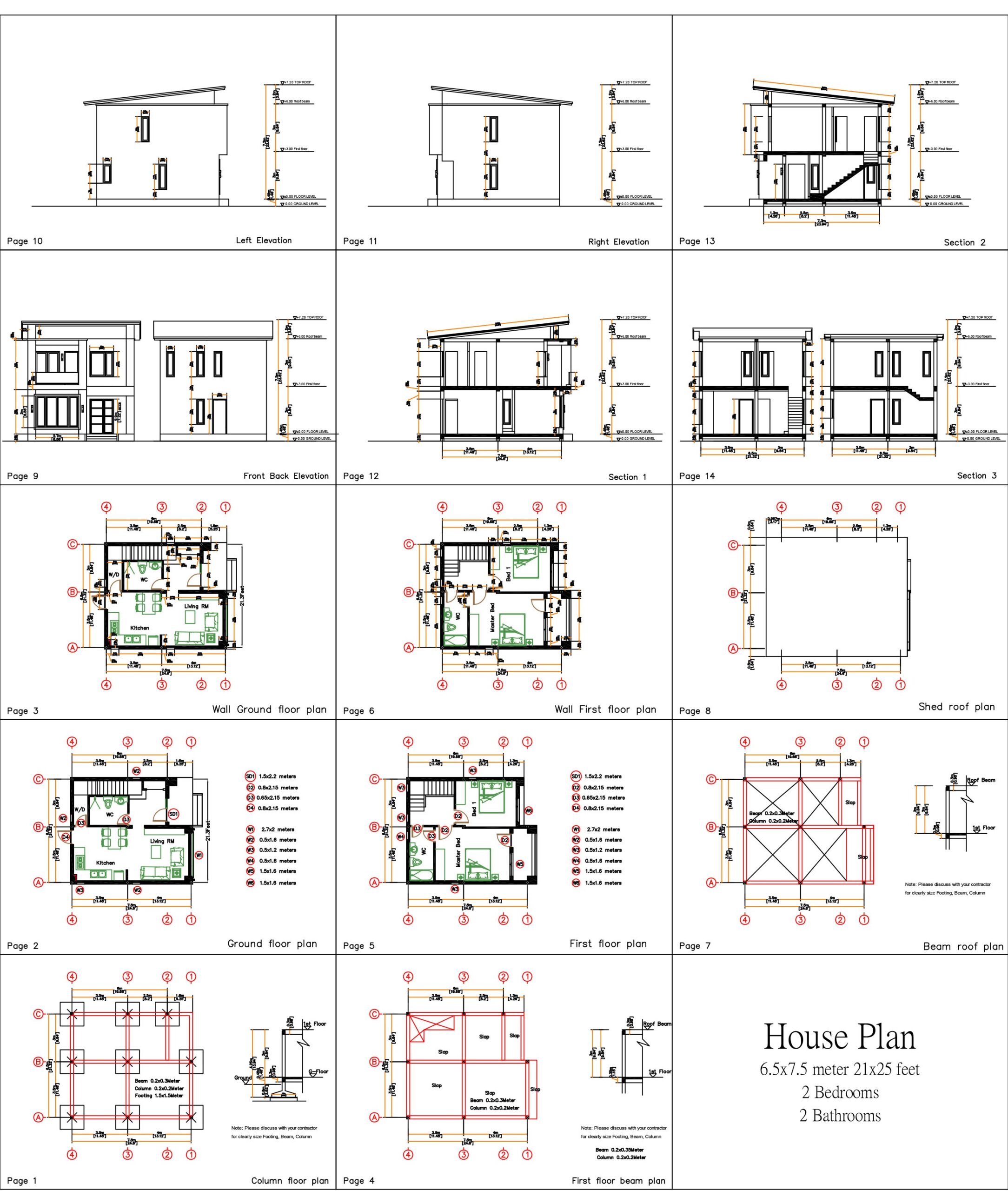 Small House Plan 6.5x7.5 Meter 21x25 Feet 2 Bedrooms PDF Full Plan All layout plan