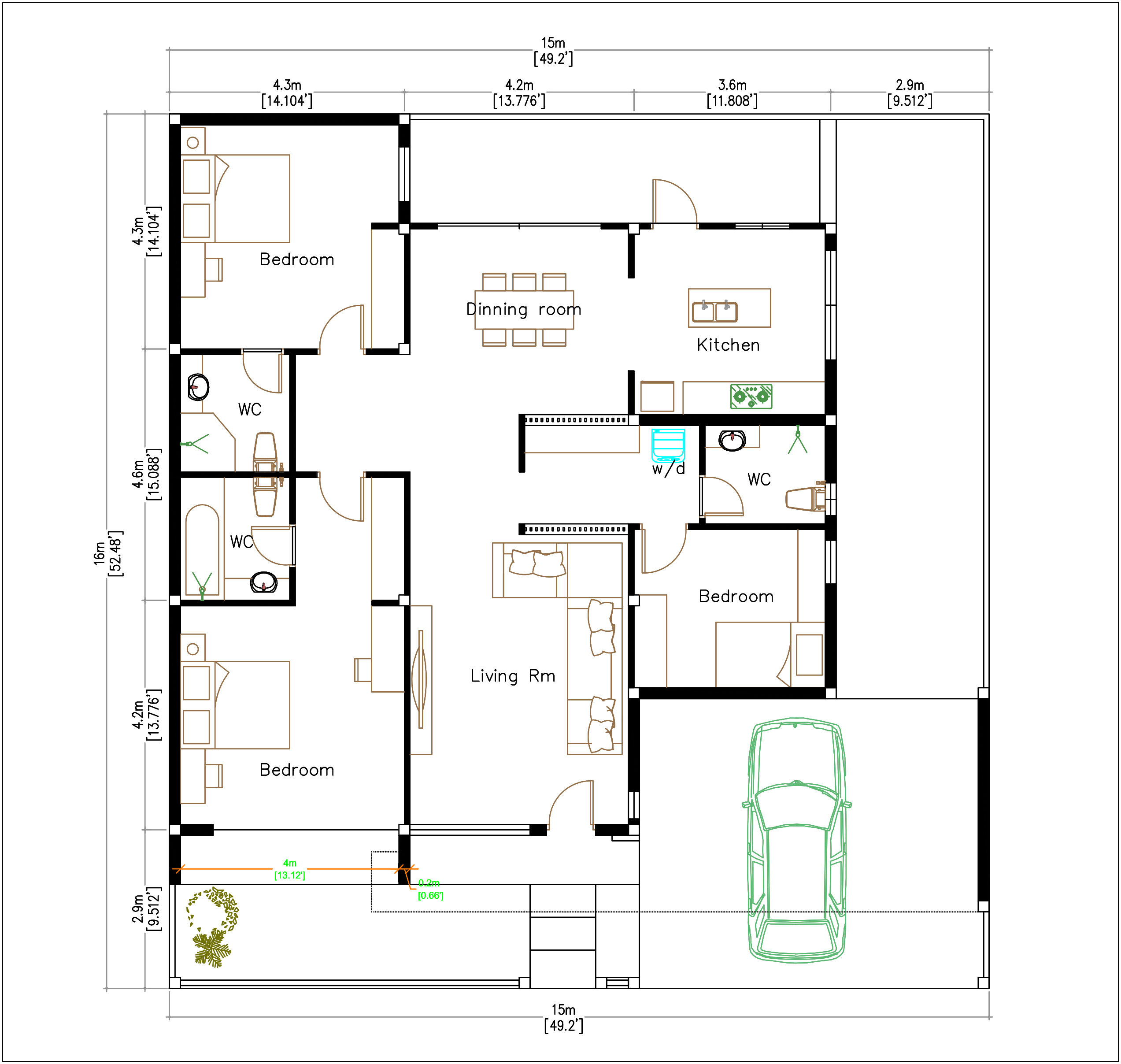 Modern House Plans 15x16 Meter 49x53 Feet 3 Beds
