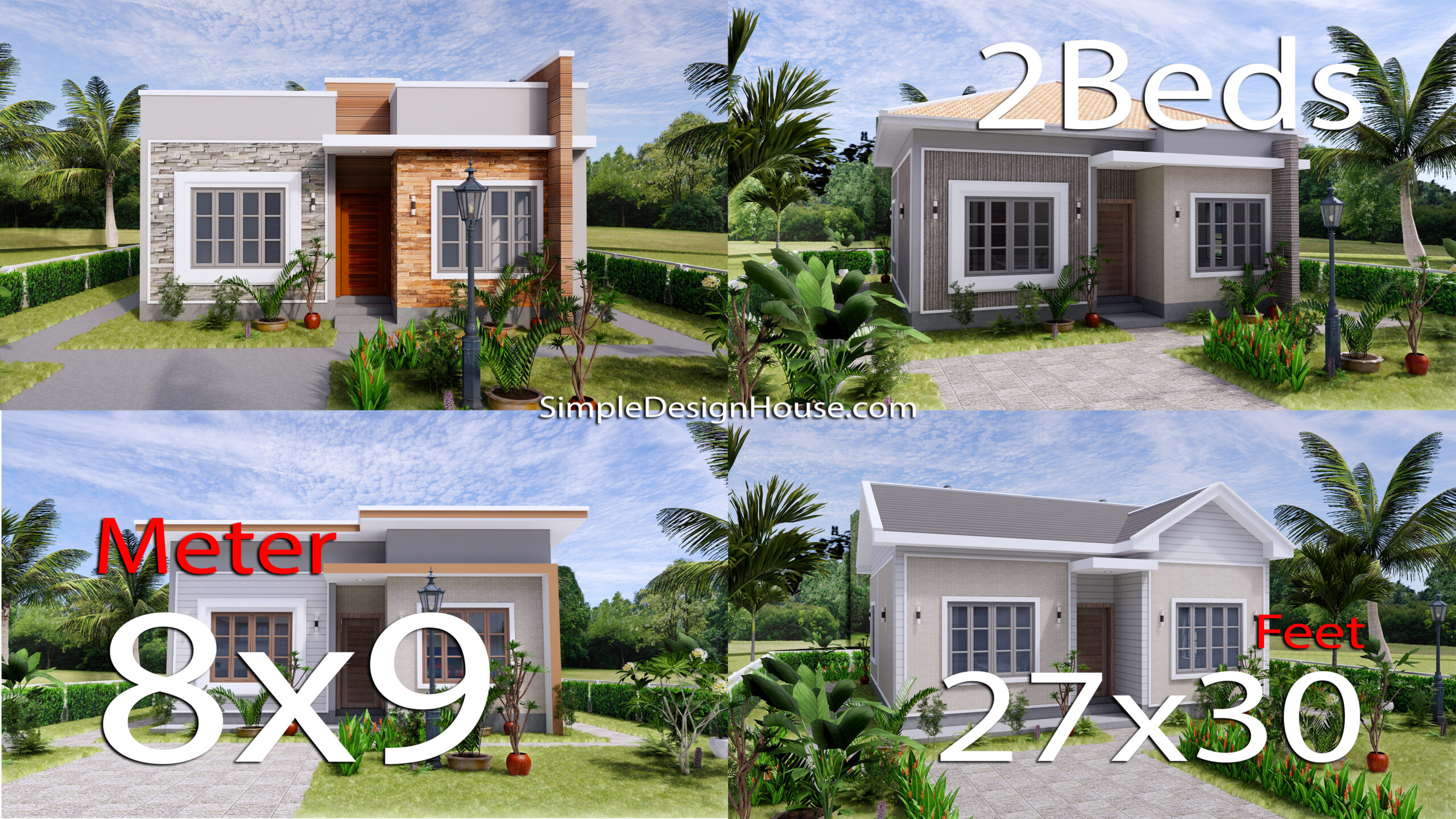 4 Styles of 2 Bedrooms House Plans 8x9