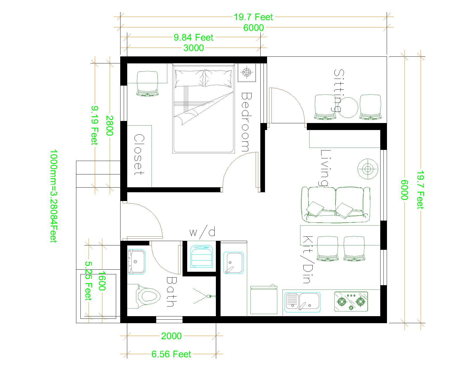 Best 3 Small Single Family House 6x6 Meters Layout floor plan