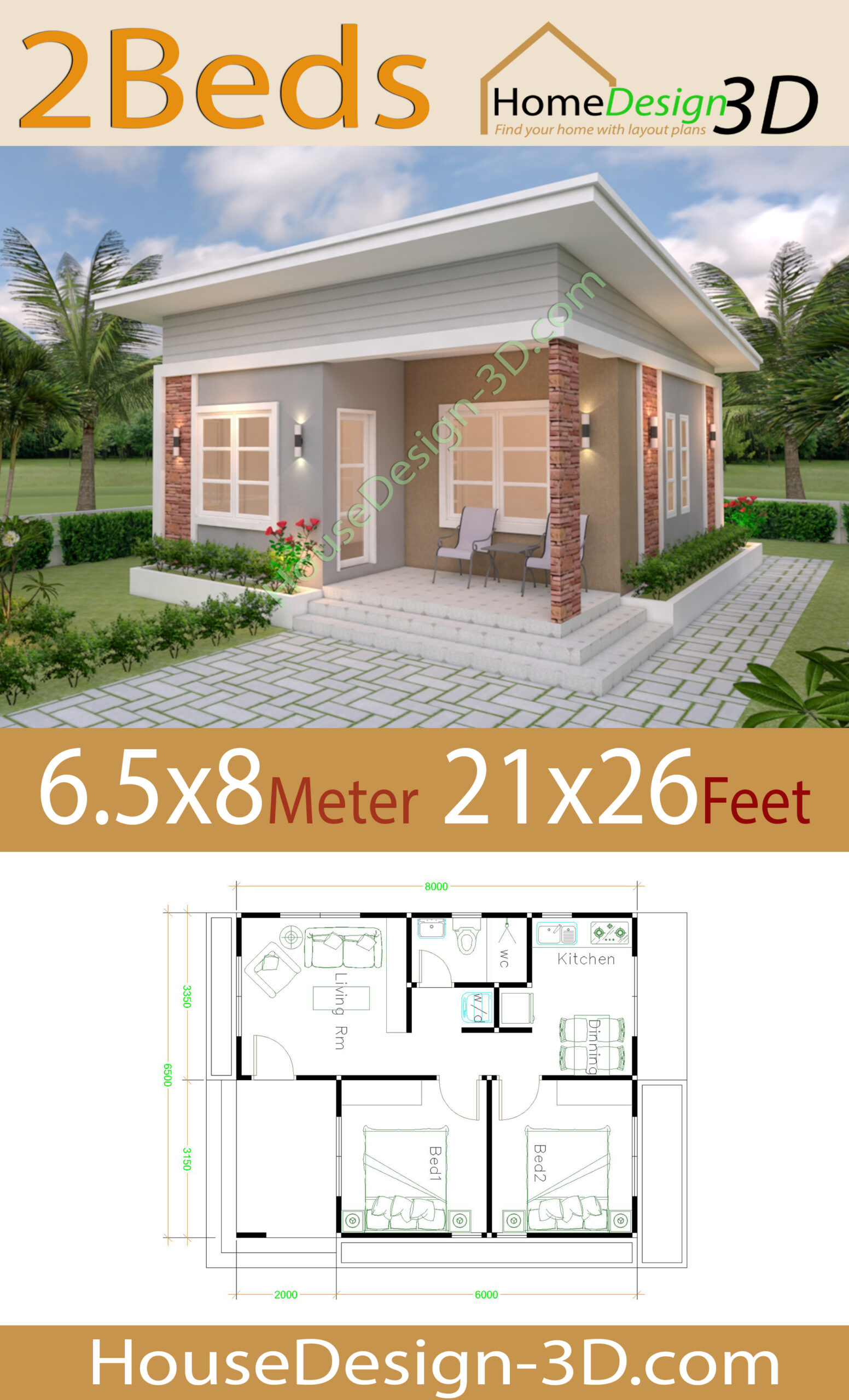 Best 2 Beds House Plans 6x8 You Will love