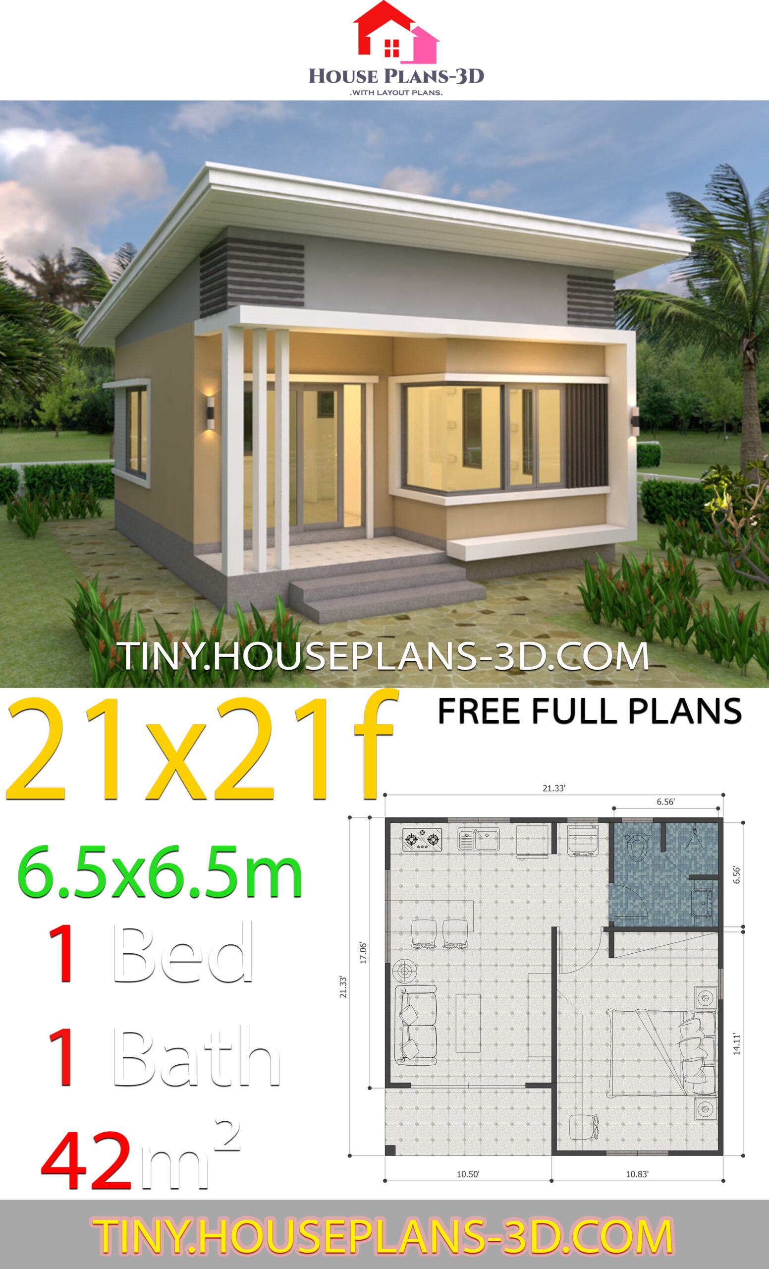 Shed roof Simple House Plans 21x21 Feet 6.5x6.5m