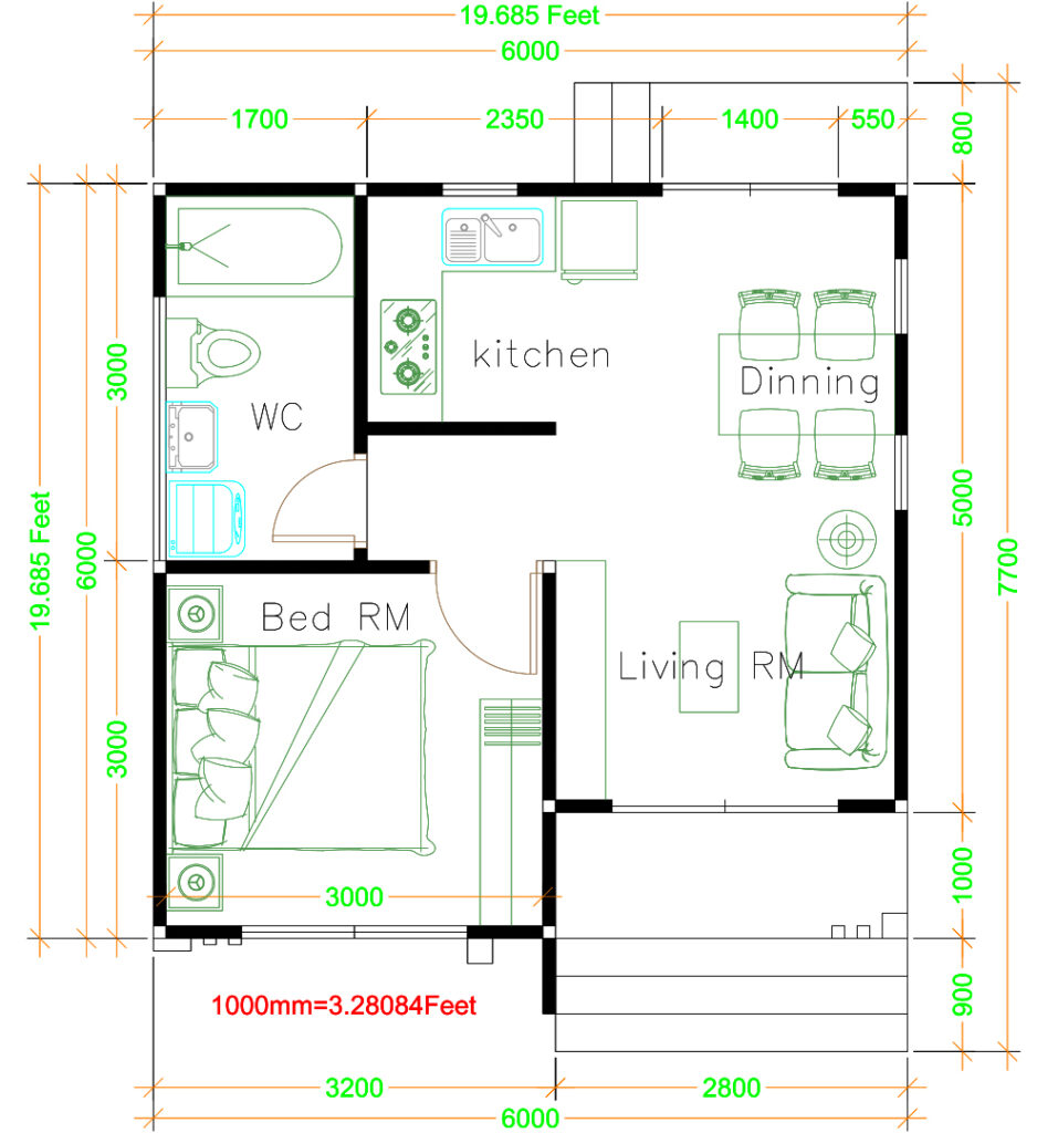 3 Modern Tiny House 6x6 Meters with One Bed floor plan