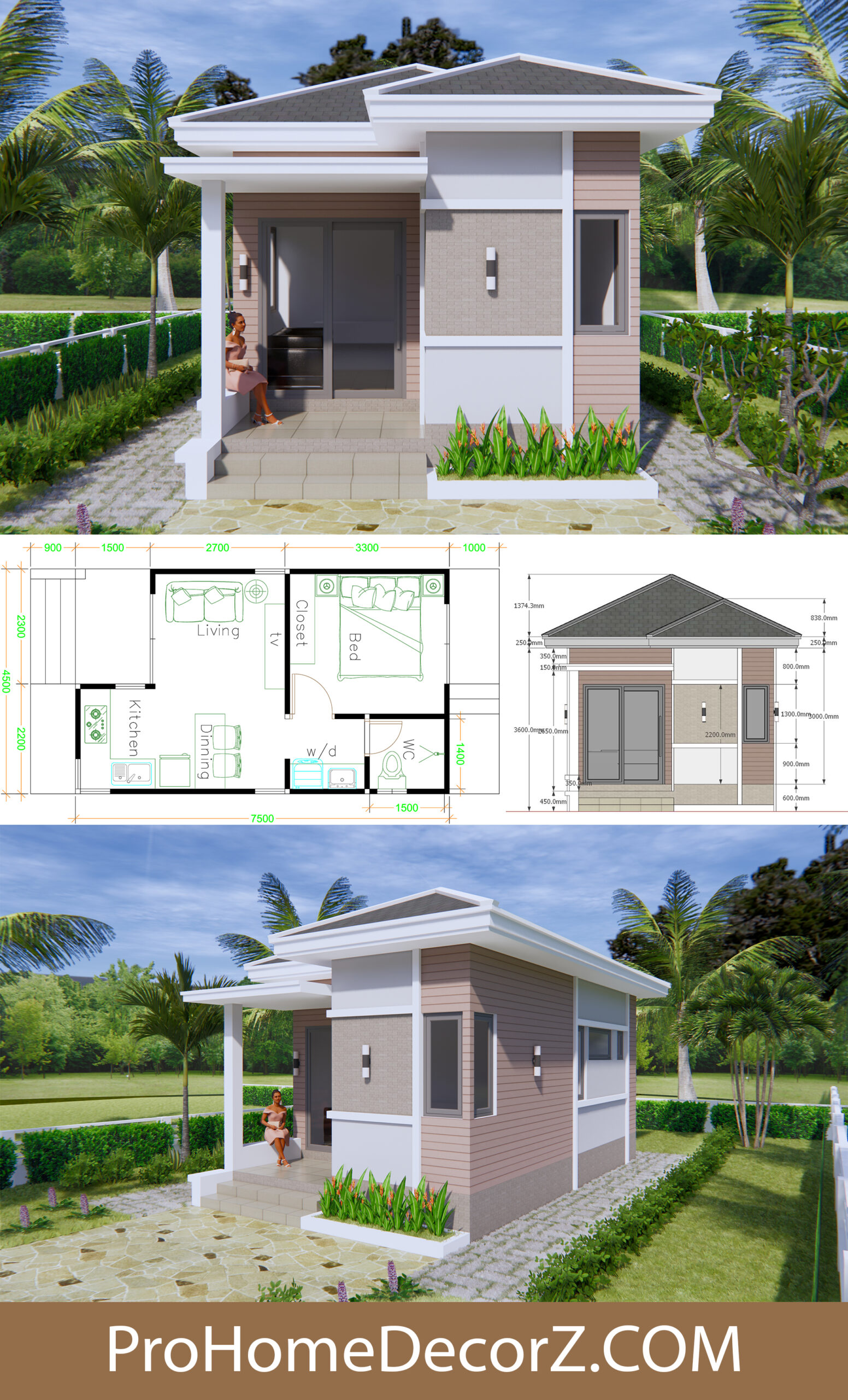 Hip roof Tiny House Plan 4.5x7.5m One Bed