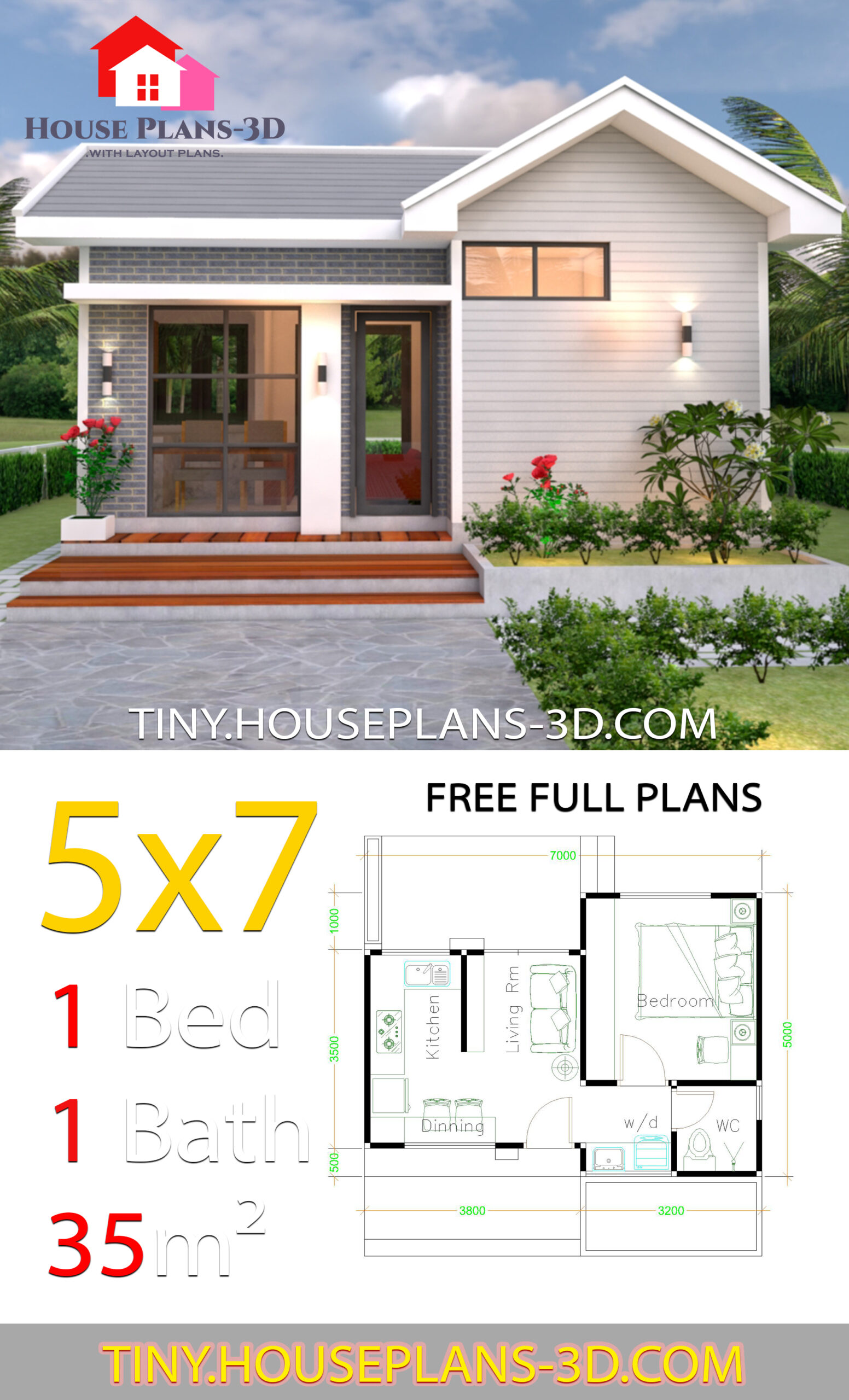 Gable roof Small House Plan 5x7m One Bed