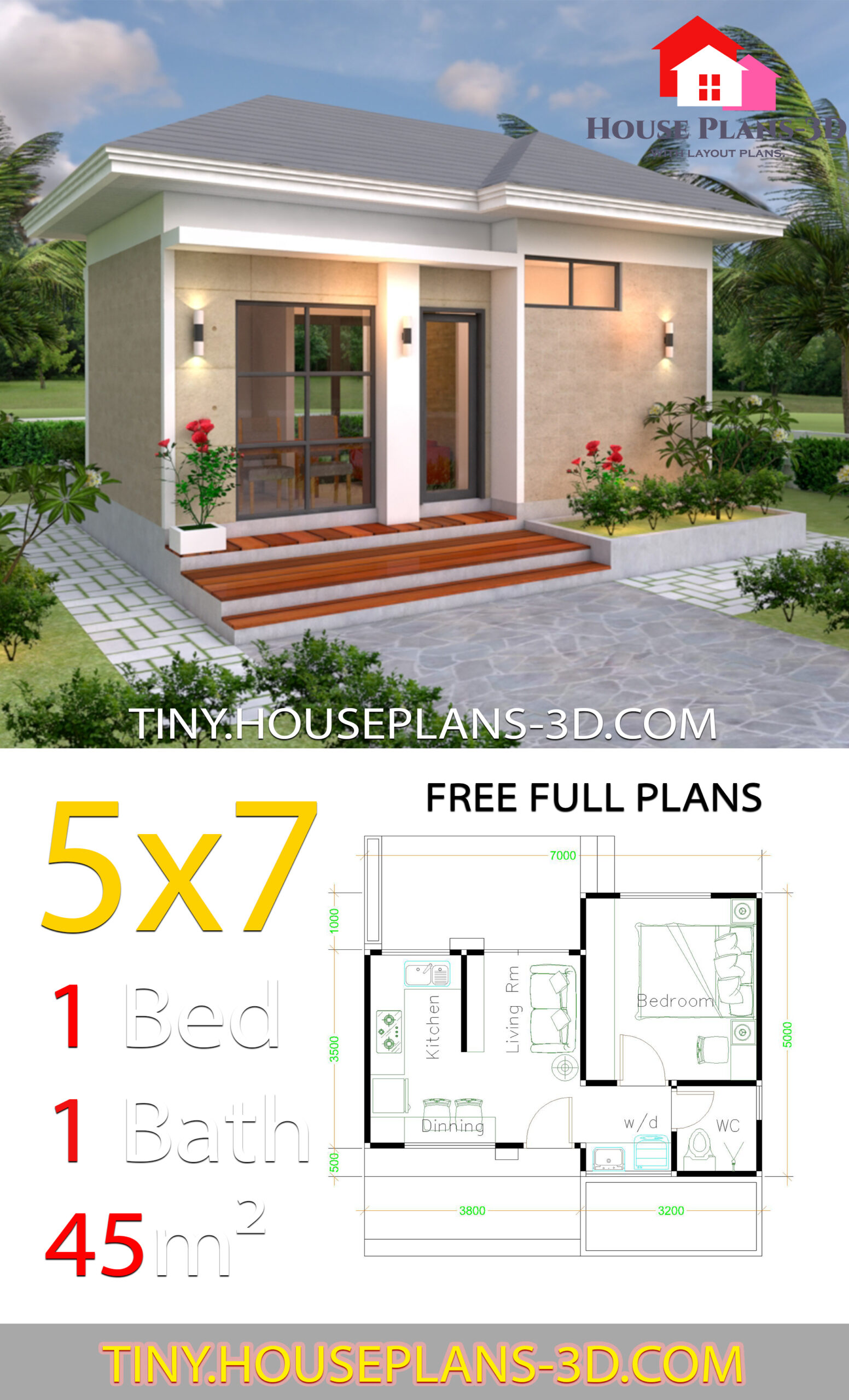  Hip roof Small House Plan 5x7m One Bed