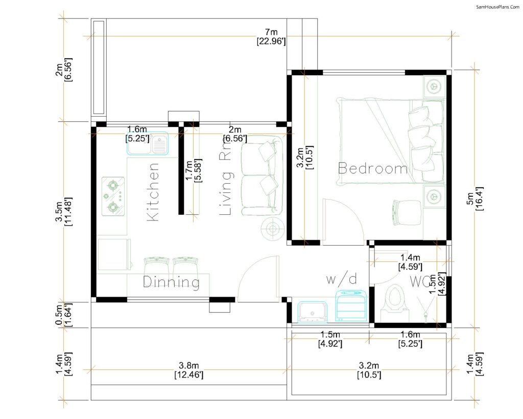 3 Styles Small House Plan 5x7m One Bed floor plan