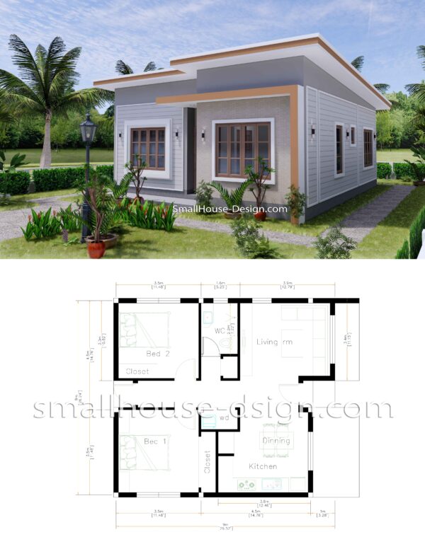 4 Styles of 2 Bedrooms House Plans 8x9 - Simple Design House