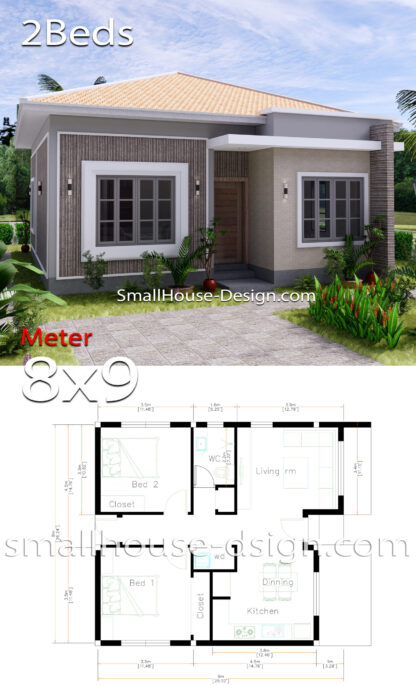 4 Styles of 2 Bedrooms House Plans 8x9 - Simple Design House