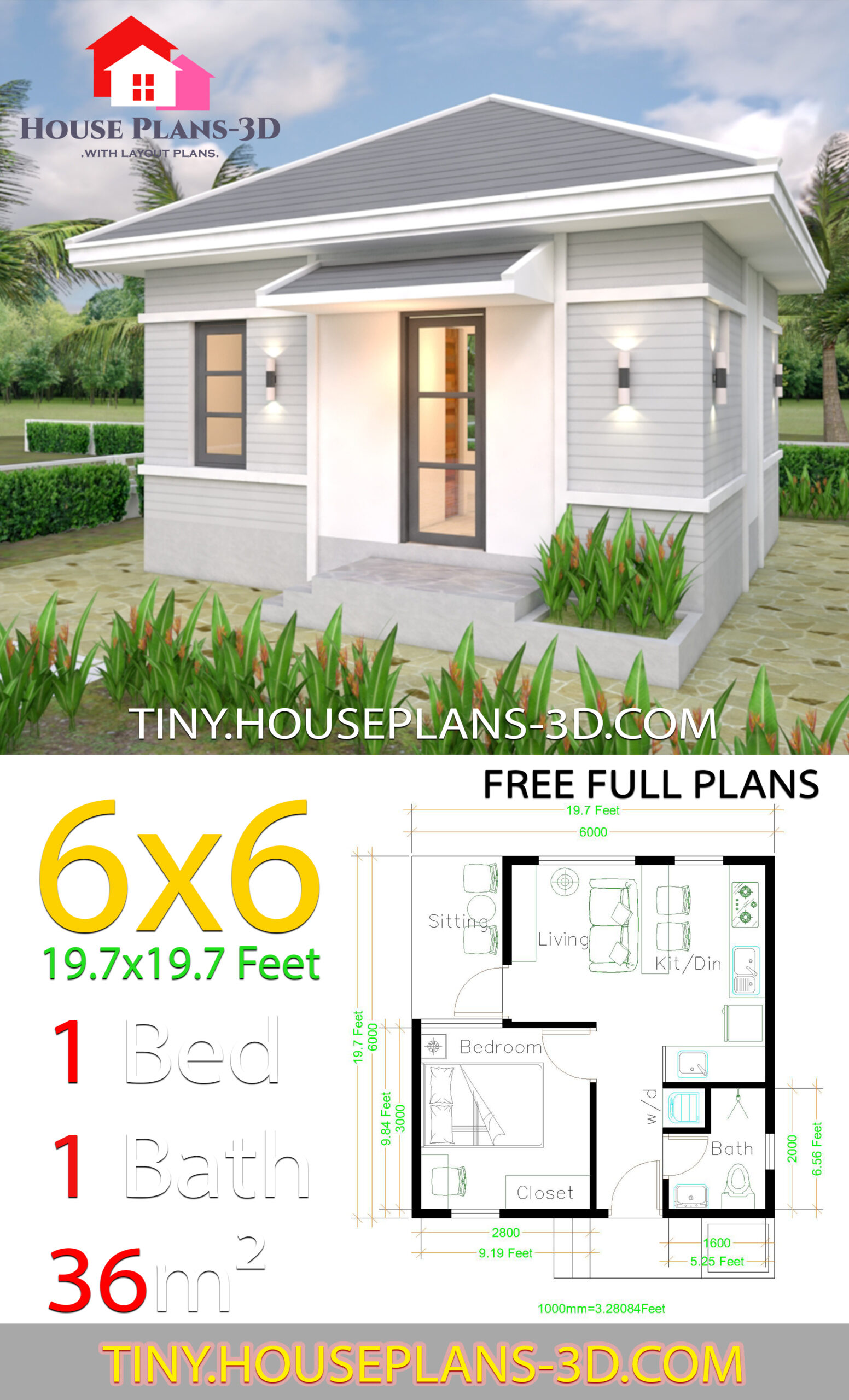 Hip roof Small Single Family House 6x6 Meters