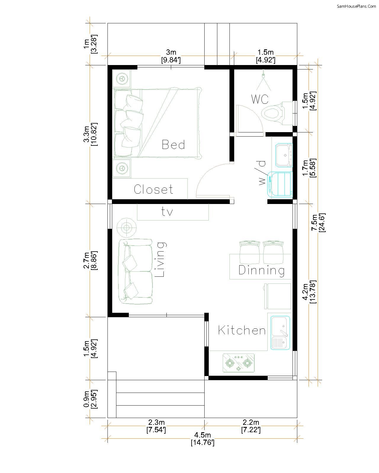 3 Styles Tiny House Plan 4.5x7.5m One Bed