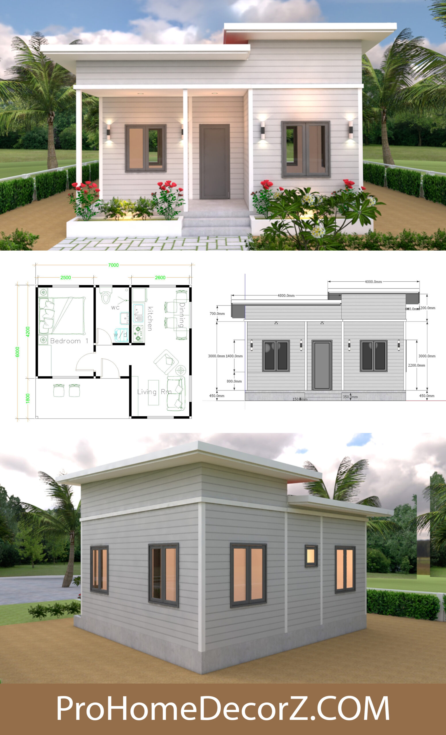 Shed roof Single Plans 7x6 Meters with Floor Plan