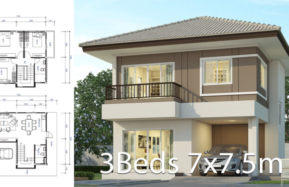 House design 7×7.5m with 3 bedrooms floor plans