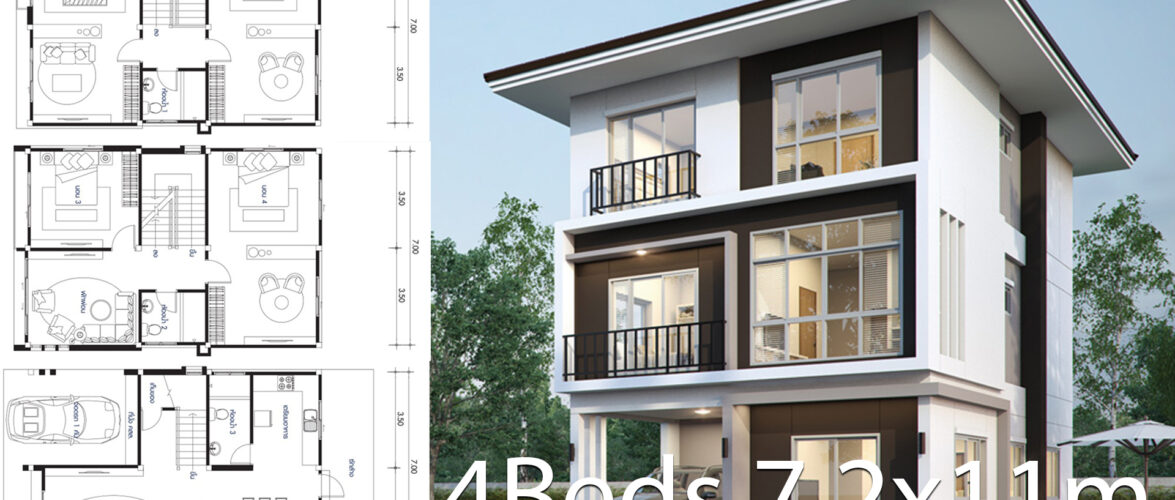 House design plan 7.2x11m with 4 bedrooms floor plan