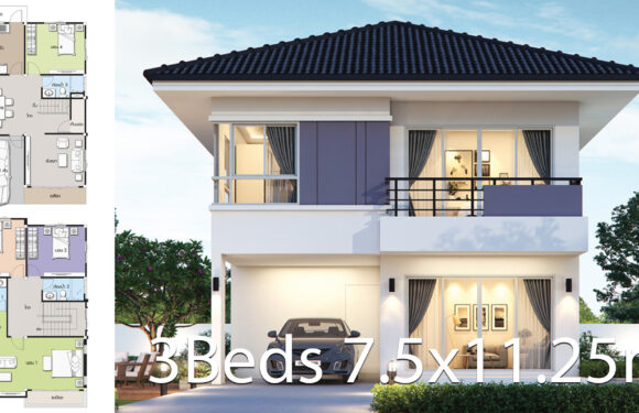 House design plan 7.5×11.25m with 4 bedrooms layout floor plan