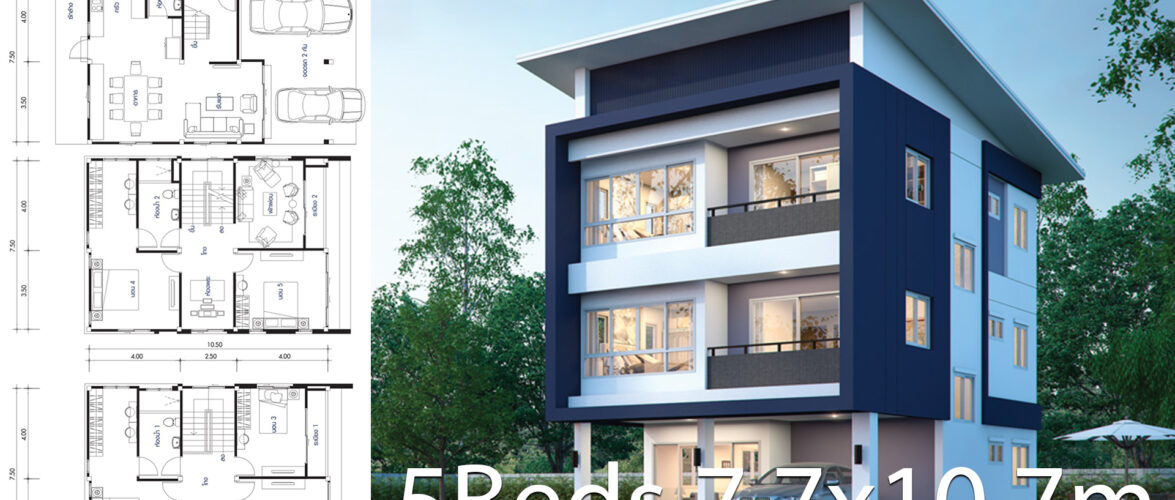House design plan 7.7×10.7m with 5 bedrooms floor plan
