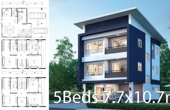 House design plan 7.7×10.7m with 5 bedrooms floor plan