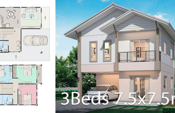 Small House design plan 7.5×7.5m with 3 bedrooms