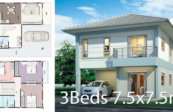 Small Modern House 7.7×7.5m with 3 Bedrooms floor plan