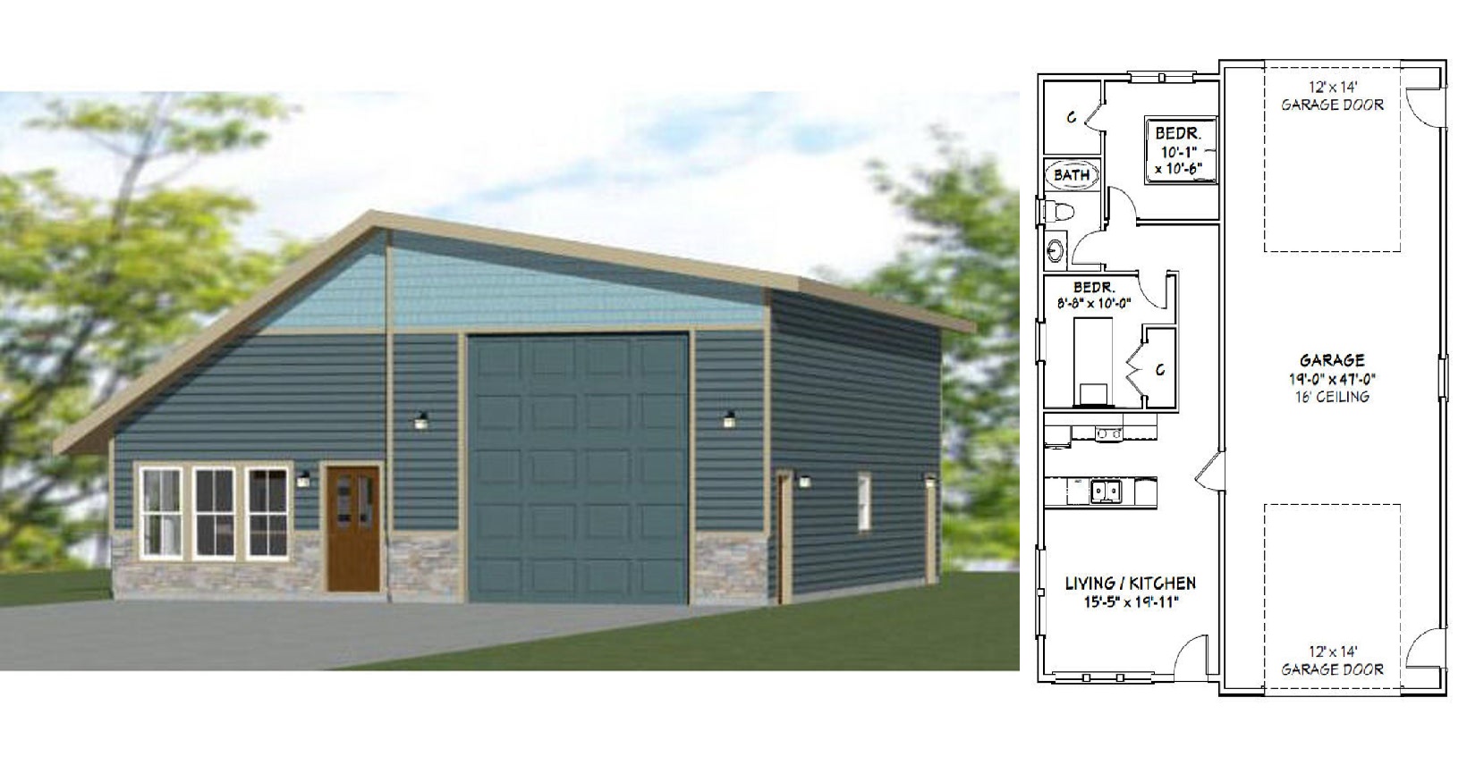 36x48 1 RV Garage 2 Bedroom 1 Bath 1,696 sq ft PDF Floor Plan