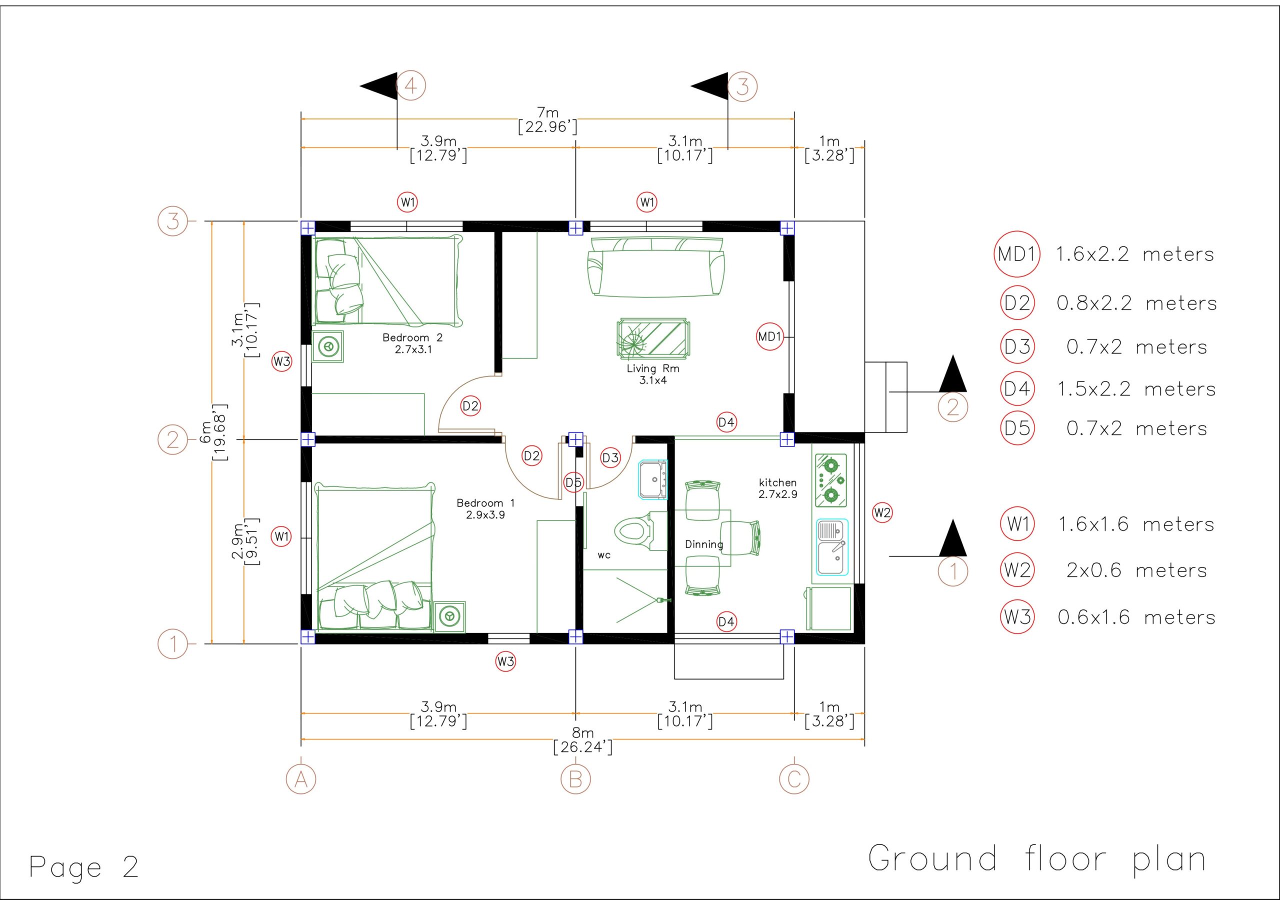 20x26 Small House Design 6x8 Meter 2 Beds Pdf Full Plan Ground Floor Plan Door and window