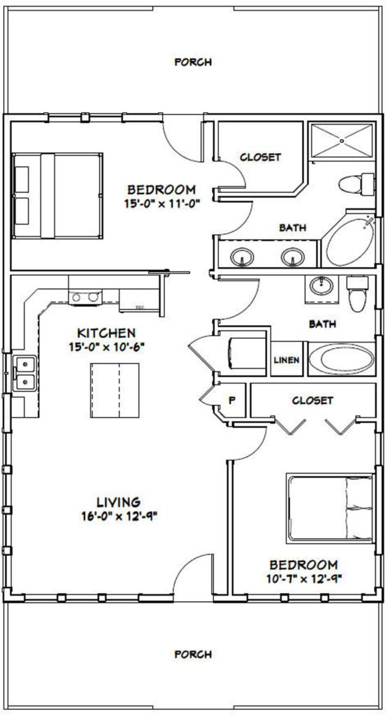 28x36 House Plan 2 Bedrooms 2 Baths 1,008 sq ft PDF Floor Plan