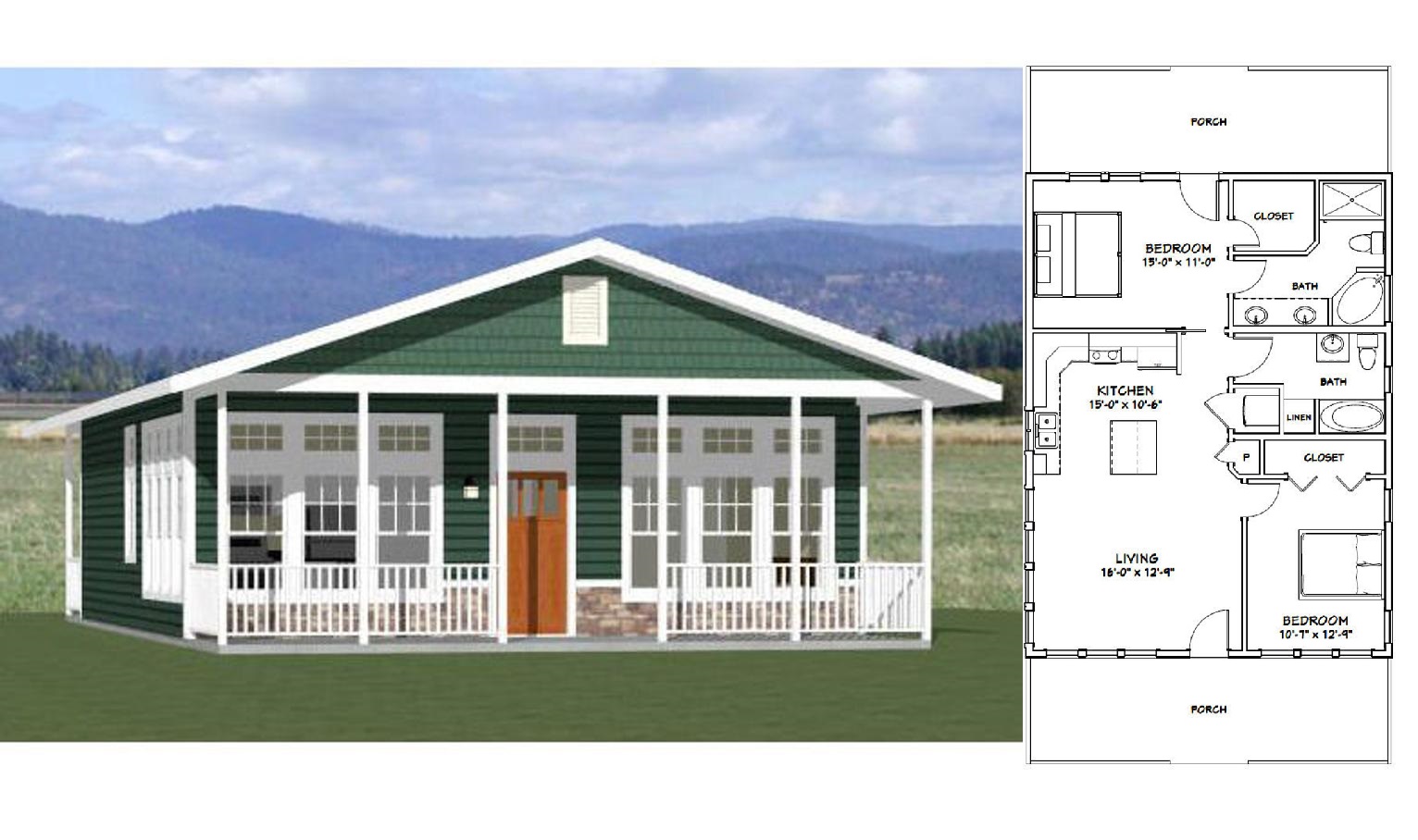 28x36 House Plan 2 Bedrooms 2 Baths 1,008 sq ft PDF Floor Plan