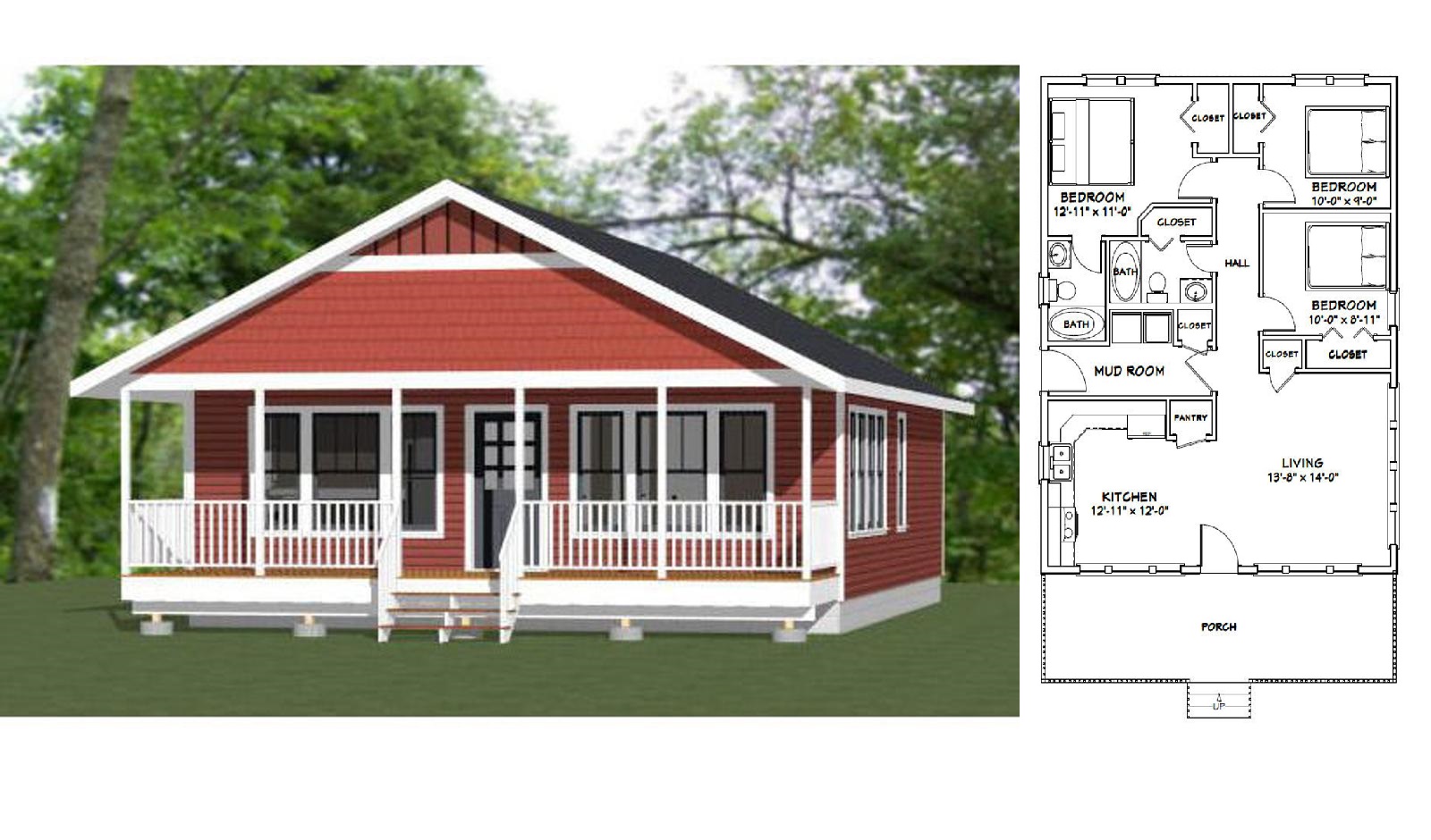 28x36 Small House Plan 3 Bedrooms 2 Baths 1,008 sq ft PDF Floor Plan